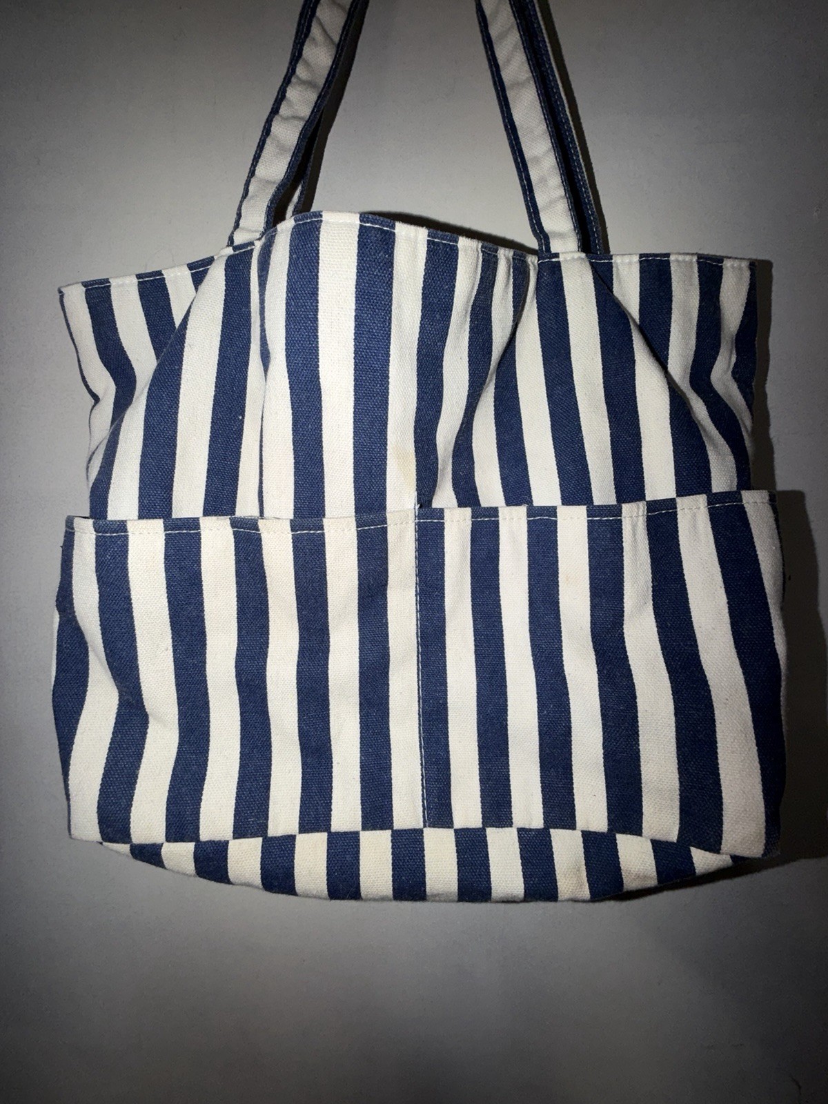 Women’s Blue White Striped Tote Bag Double Handles Black Lined Casual
