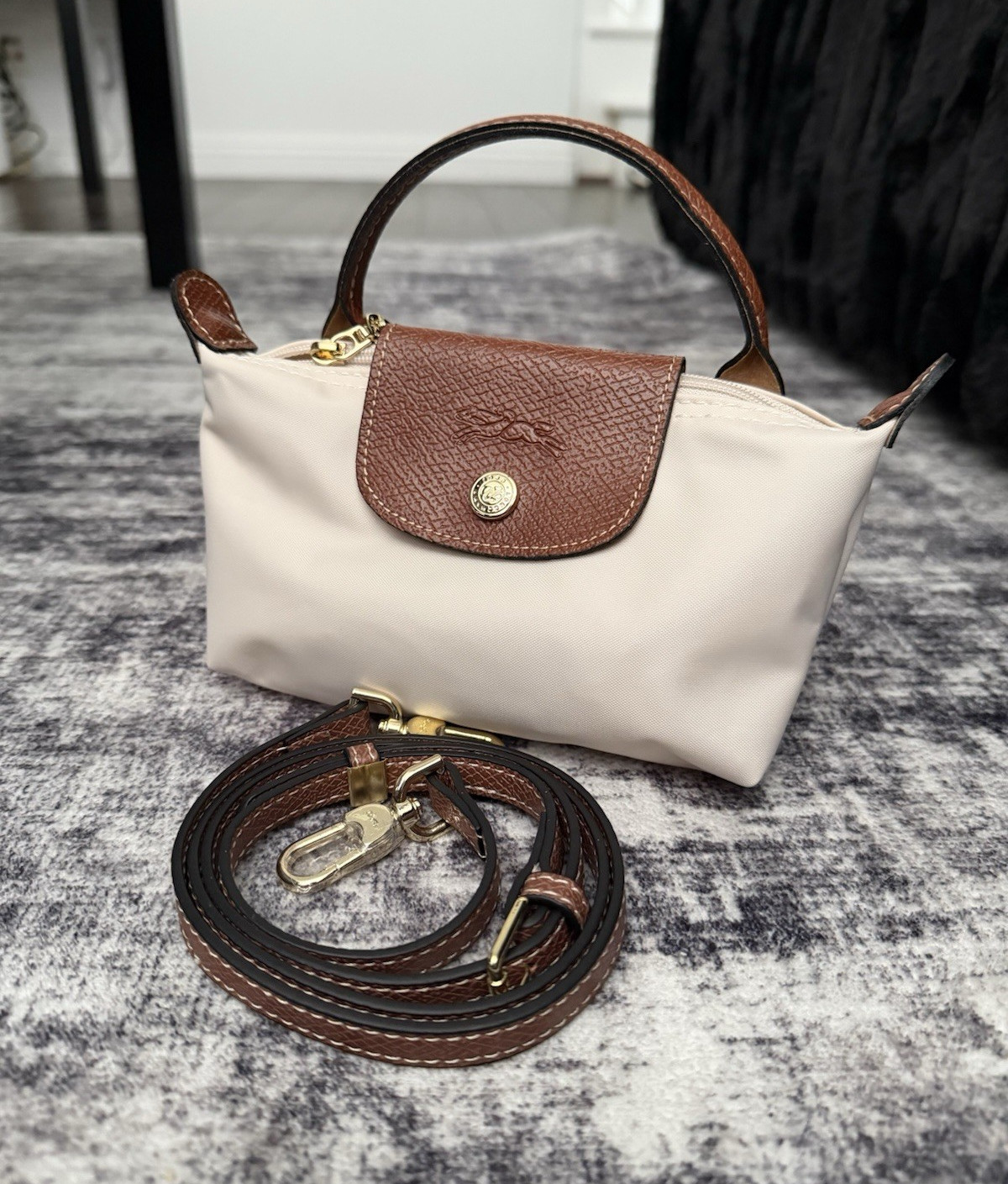 Longchamp Le Pliage Small Beige Top Handle Bag Brown Trim Detachable Strap