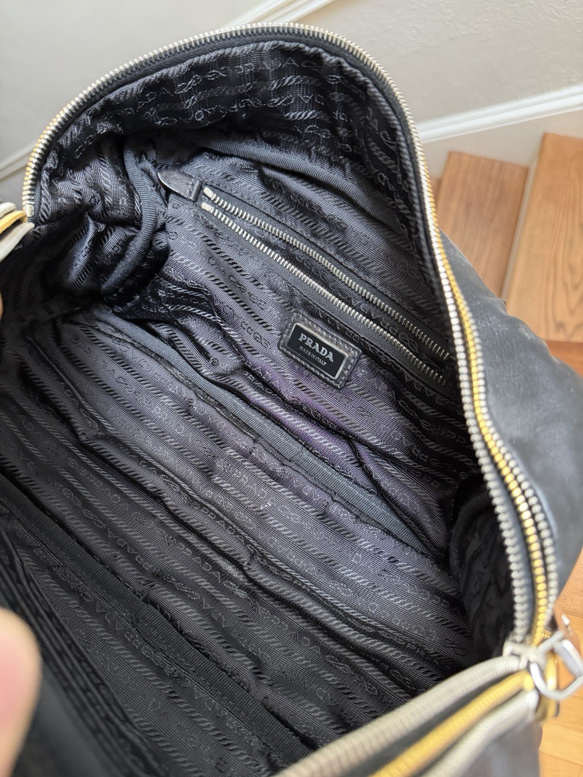 PRADA Black Top Handle Bag Gold Hardware Lock Buckle Accents Zip Closure