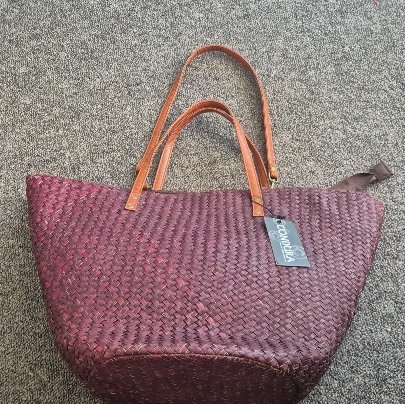 Condua Purple Woven Leather Tote Bag Zip Top Double Handles, Brown Straps