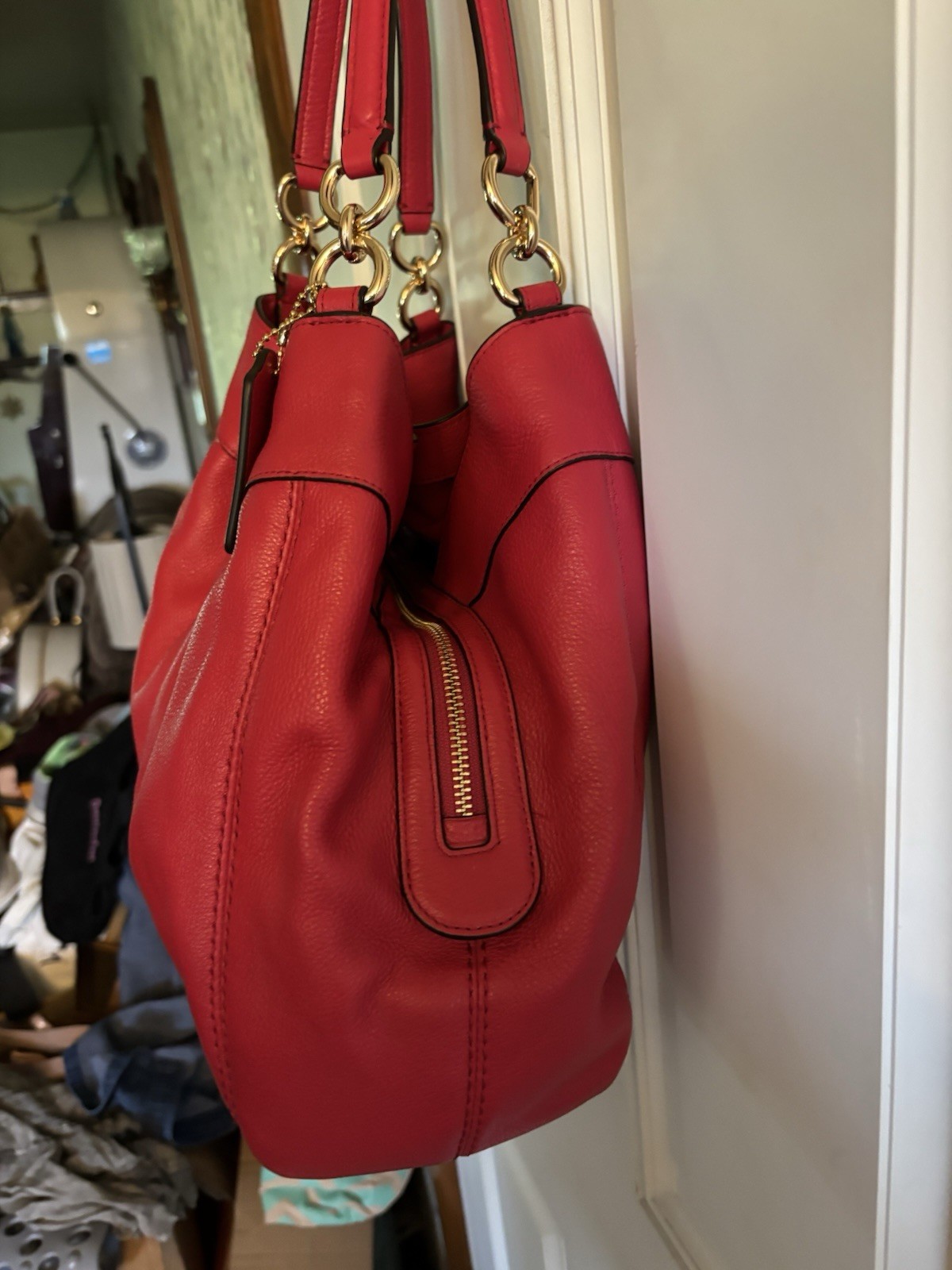 Coach Lexy Shoulder Purse Pebbled Leather Vibrant Raspberry Mint