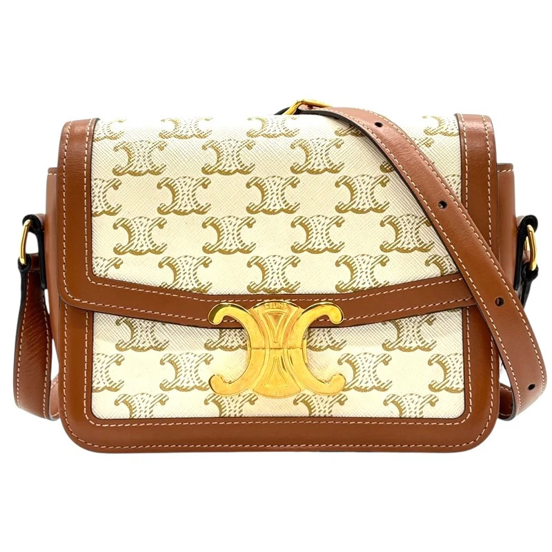 CELINE Trapeze Triomphe Bag White Canvas Shoulder Bag 188882 #OKB5155
