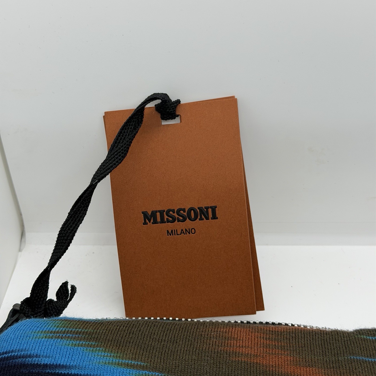 Missoni Milano Knit Pouch Clutch Space Dye Flame Stitch Blue Orange NWT Italy