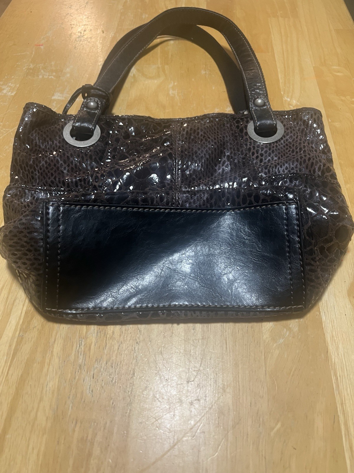 Fossil Hathaway tote Y2K bag, brown, shiny snakeskin print leather,BohoChic
