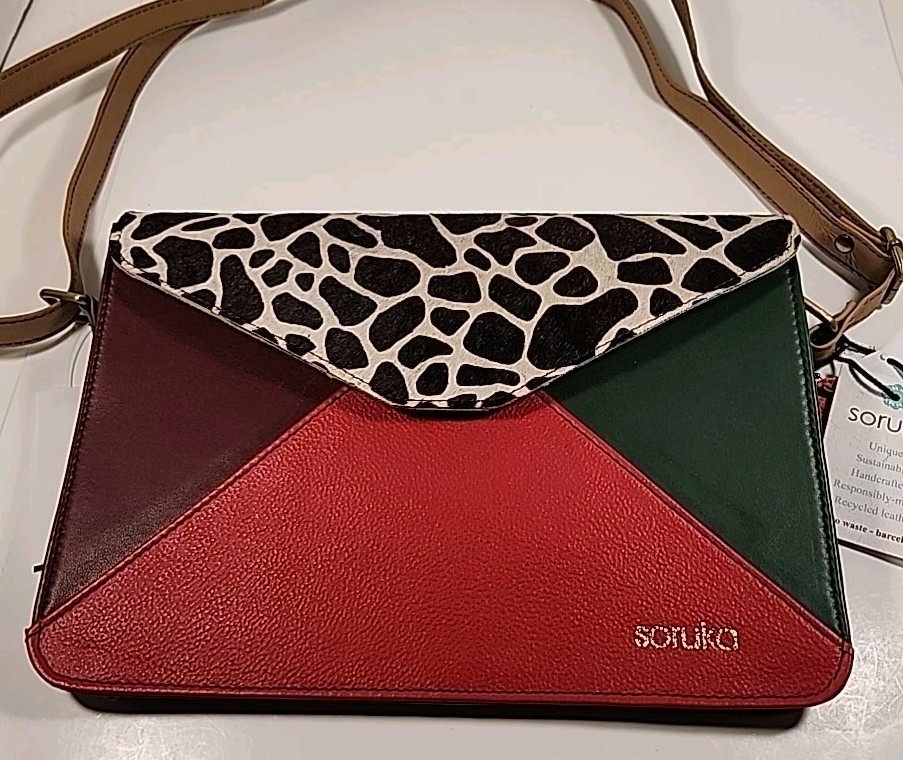New Soruka Recycled Leather Crossbody Bag Purse Animal Hide Print Flap