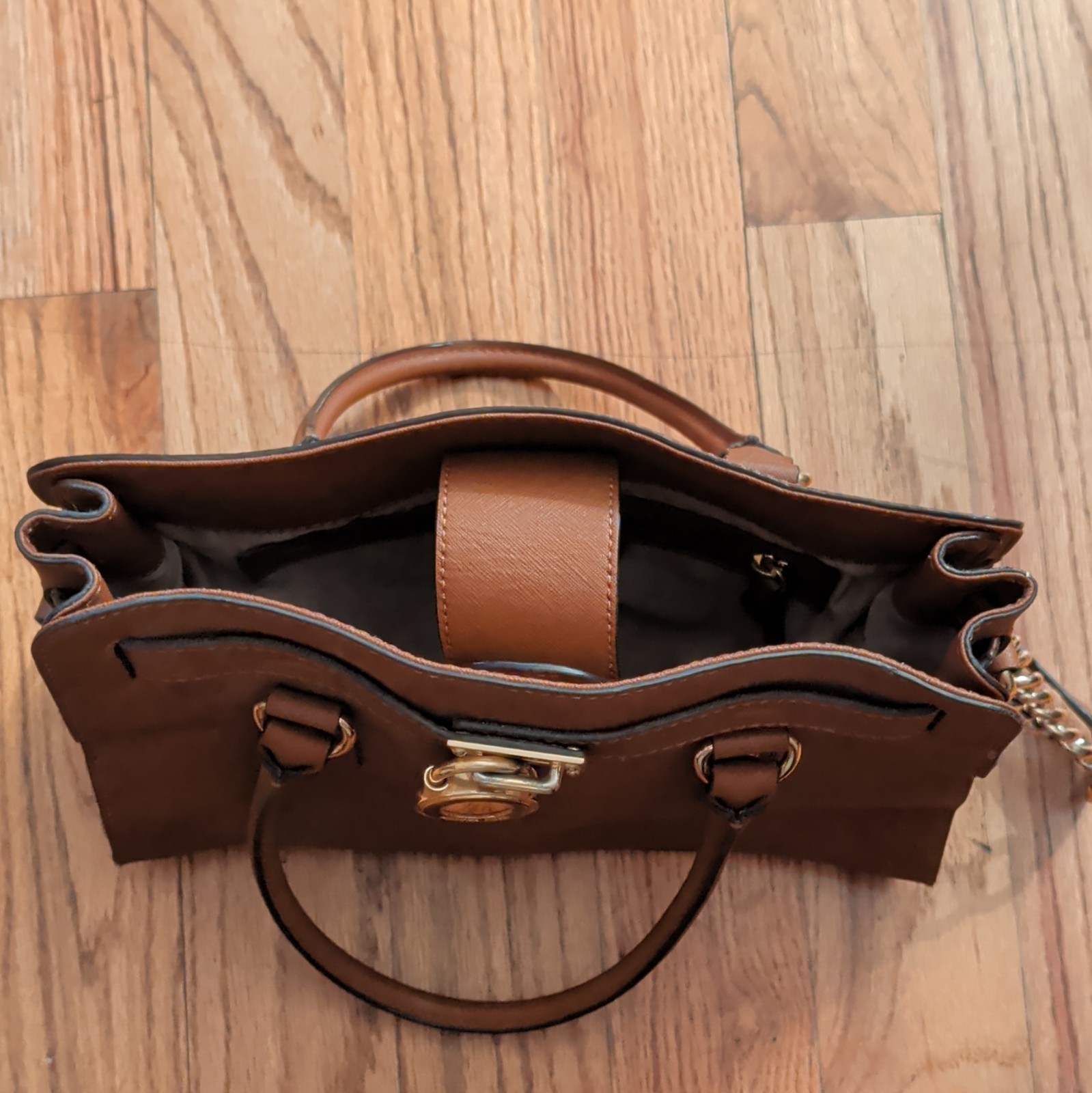 Michael Kors Brown Pebbled Satchel Top Handle Bag Lock Chain Key Holder Gold