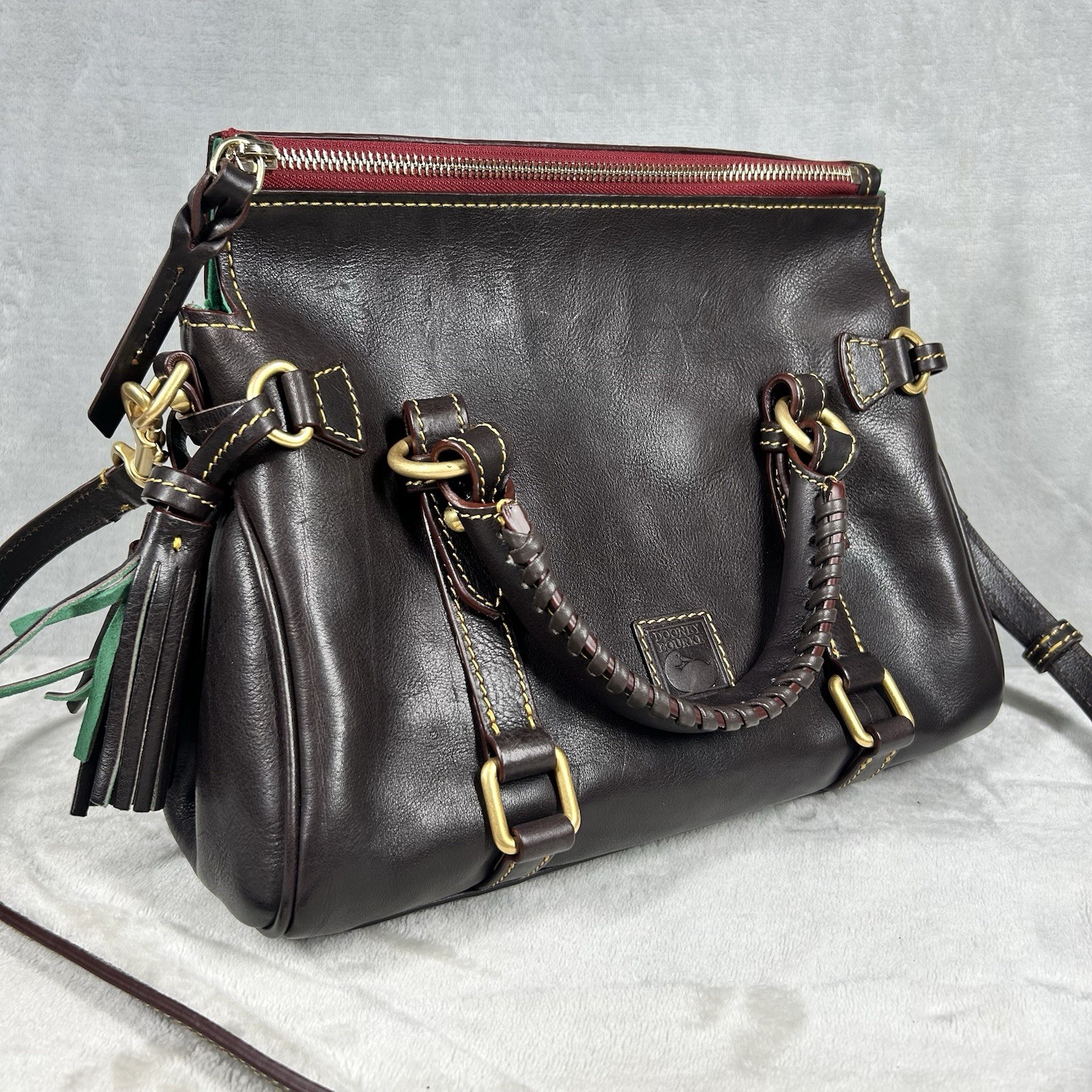 DOONEY & BOURKE LEATHER SATCHEL Florentine Brown Tassels Gold Vintage Red Lining