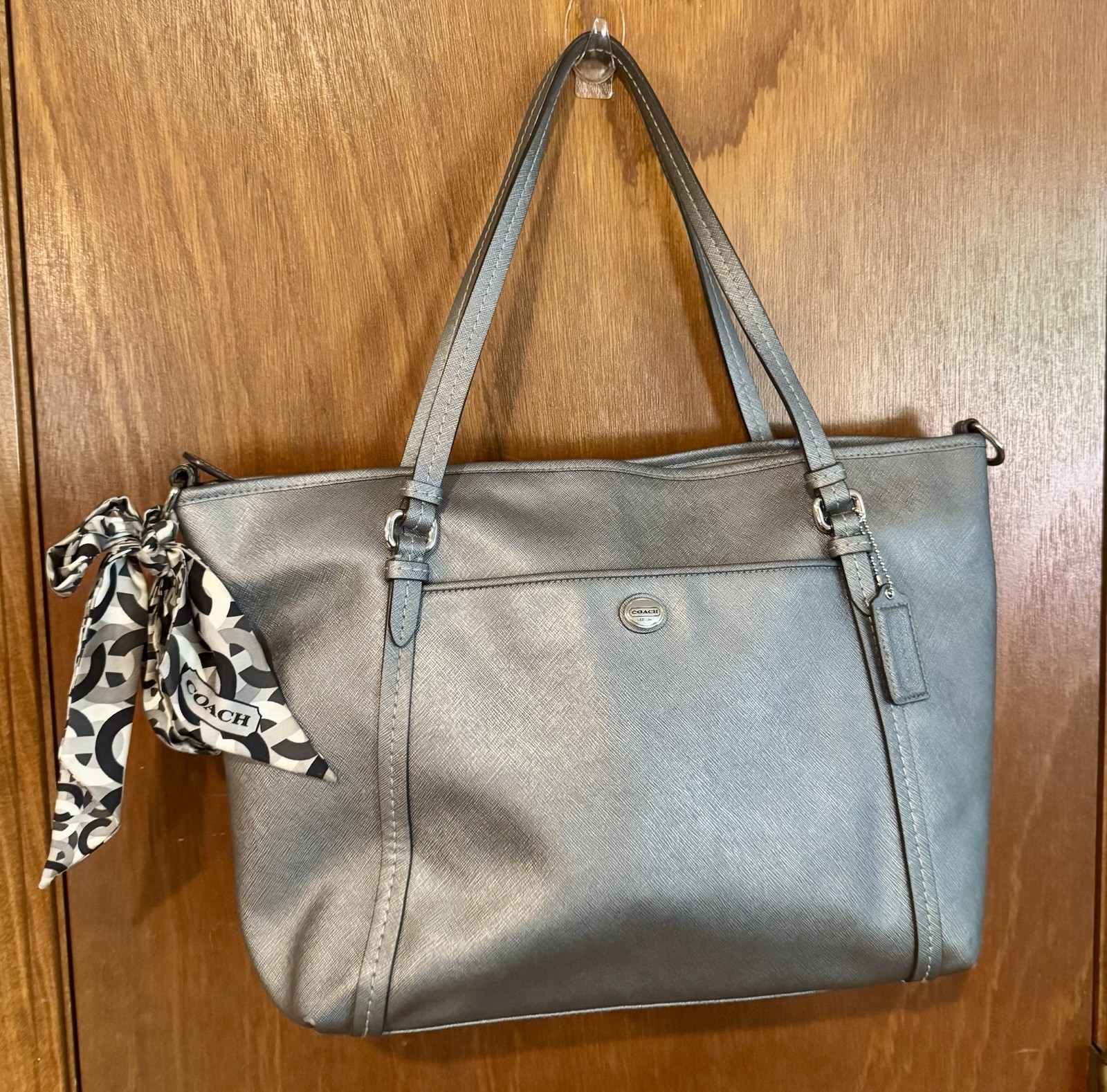 COACH Peyton Leather Pocket Large Tote Satchel Bag Silver-Grey Pewter F25667