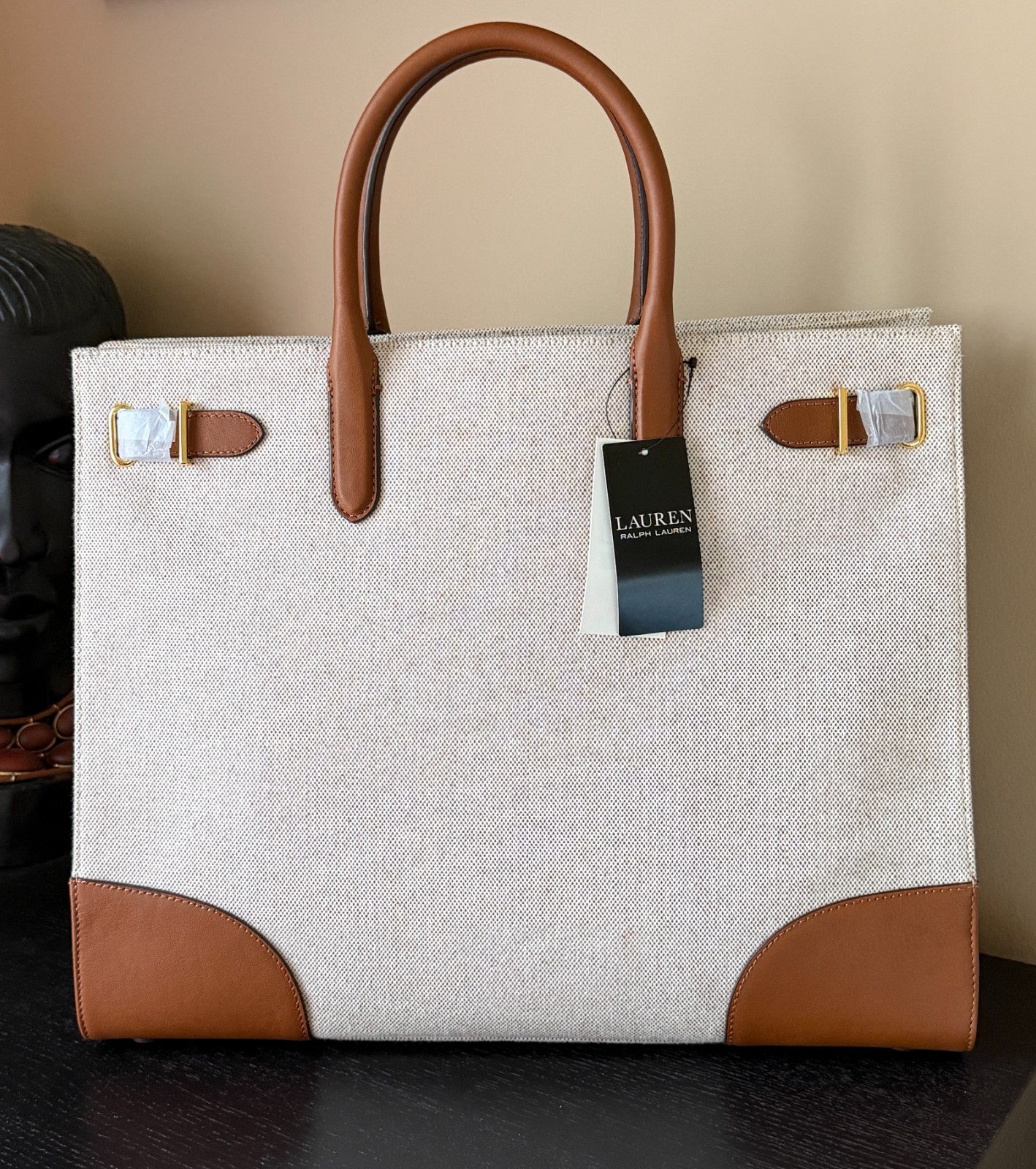 Lauren Ralph Lauren Women Vanilla Tan Devyn Canvas Extra-Large Tote Bag NWT