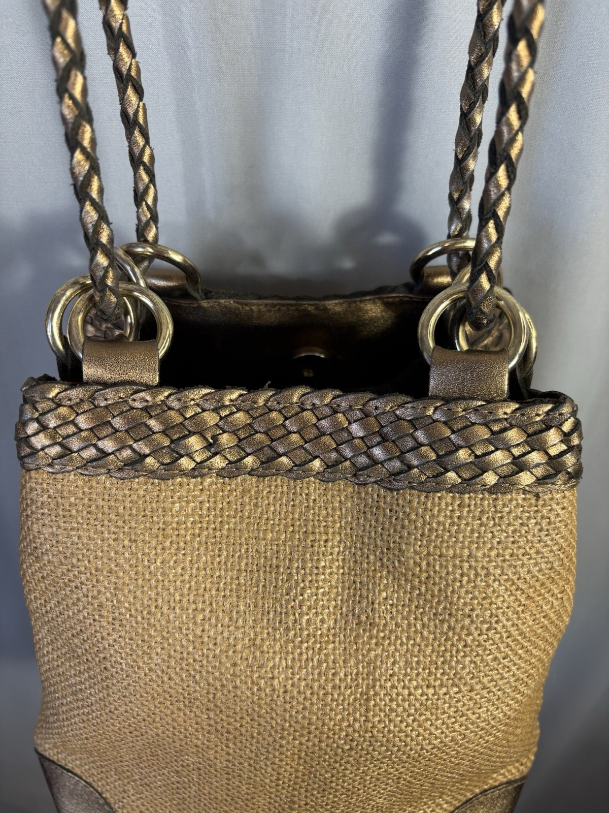 LJS Collection 90’s Brazil Woven Jute Crossbody Bag Bronze Metallic Leather Boho