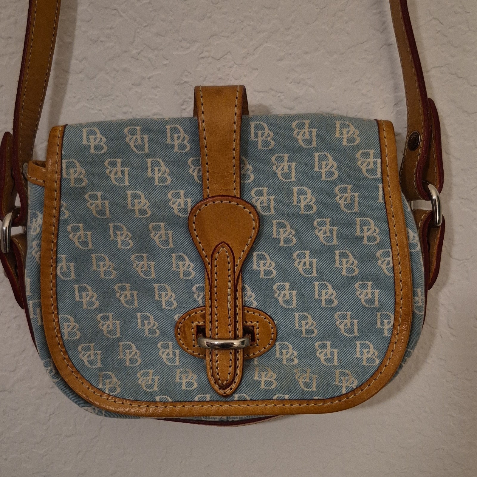 Vintage Dooney & Bourke Light Blue Denim DB Monogram Canvas Saddle Crossbody Bag