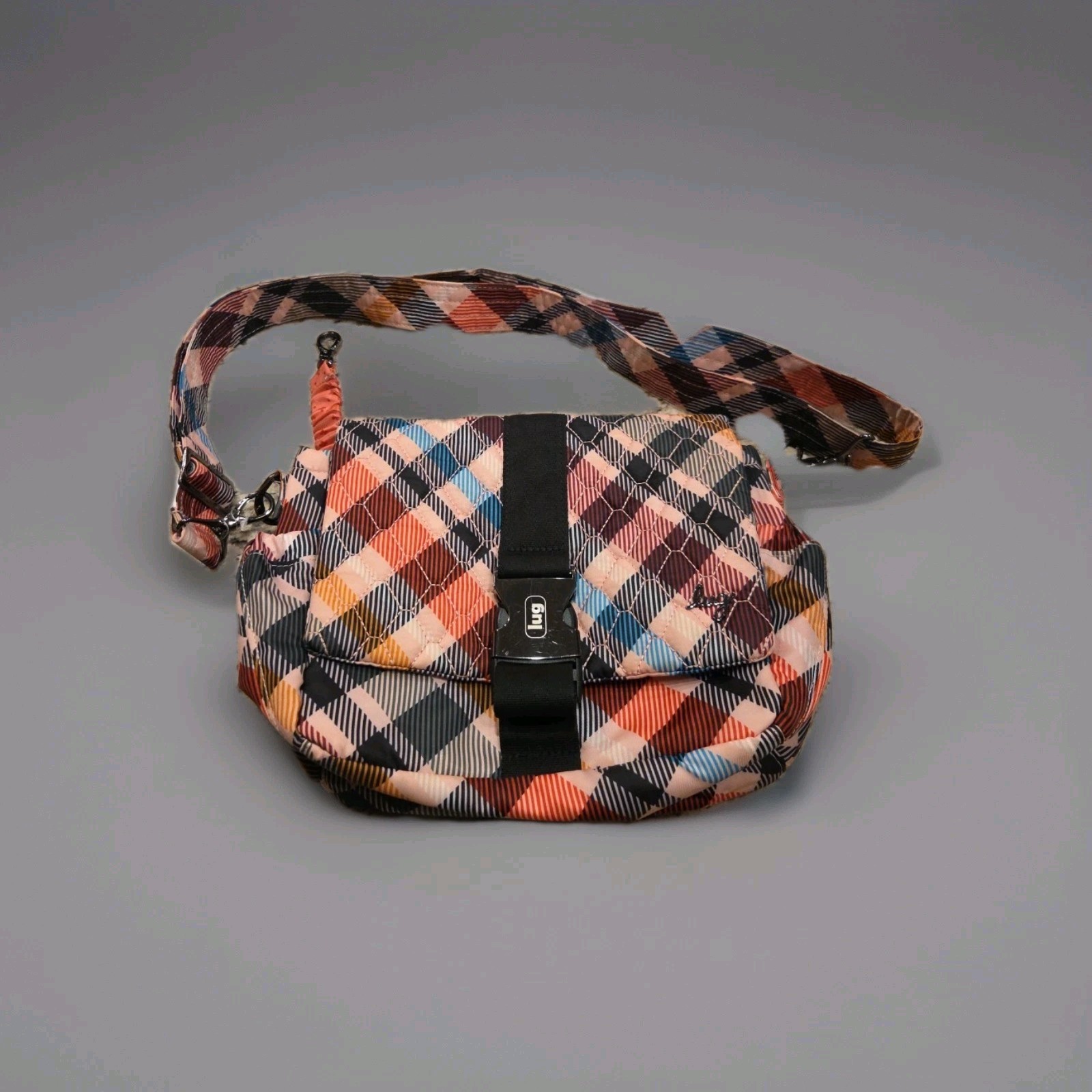 LUG “Harness” Crossbody Bag Purse Pink Plaid Quilted Fold Over Flap