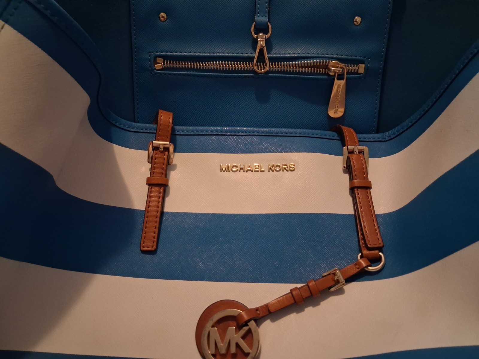 Michael Kors Blue White Striped Large Tote Bag Brown Double Handles Gold Charm
