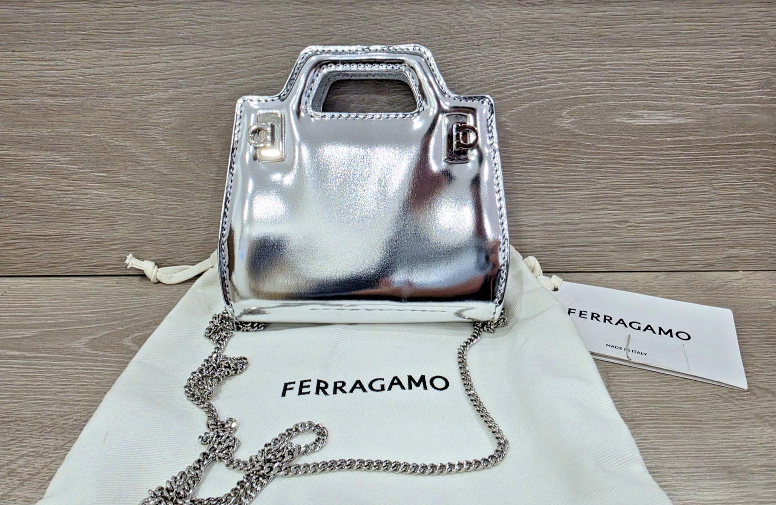 Ferragamo 213984 Wanda Micro Bag Laminated Calfskin Silver Argento RRP$1790
