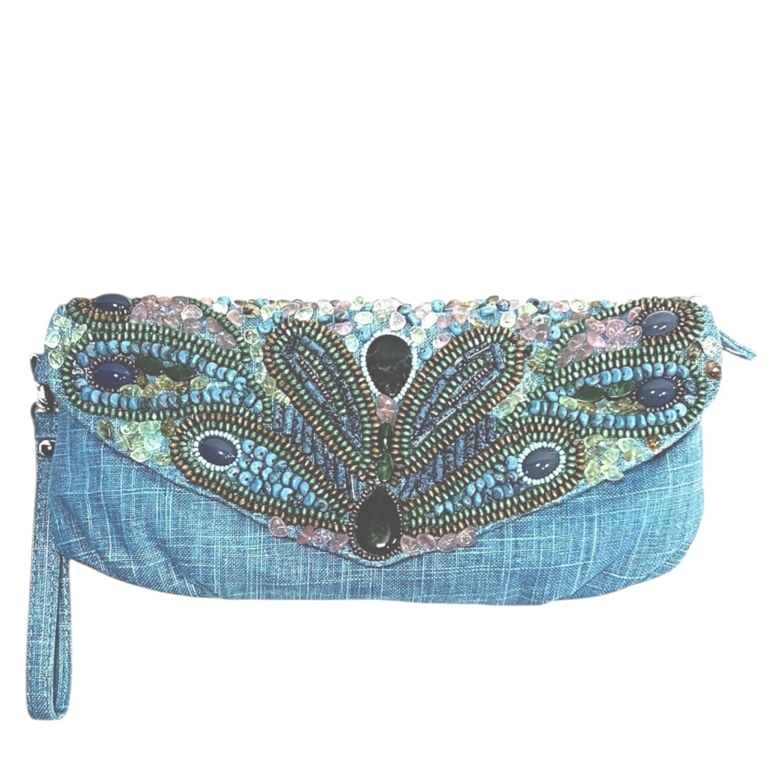 Chicos Clutch Turquoise Linen Beaded And Stones Boho Vintage Wristlet Purse