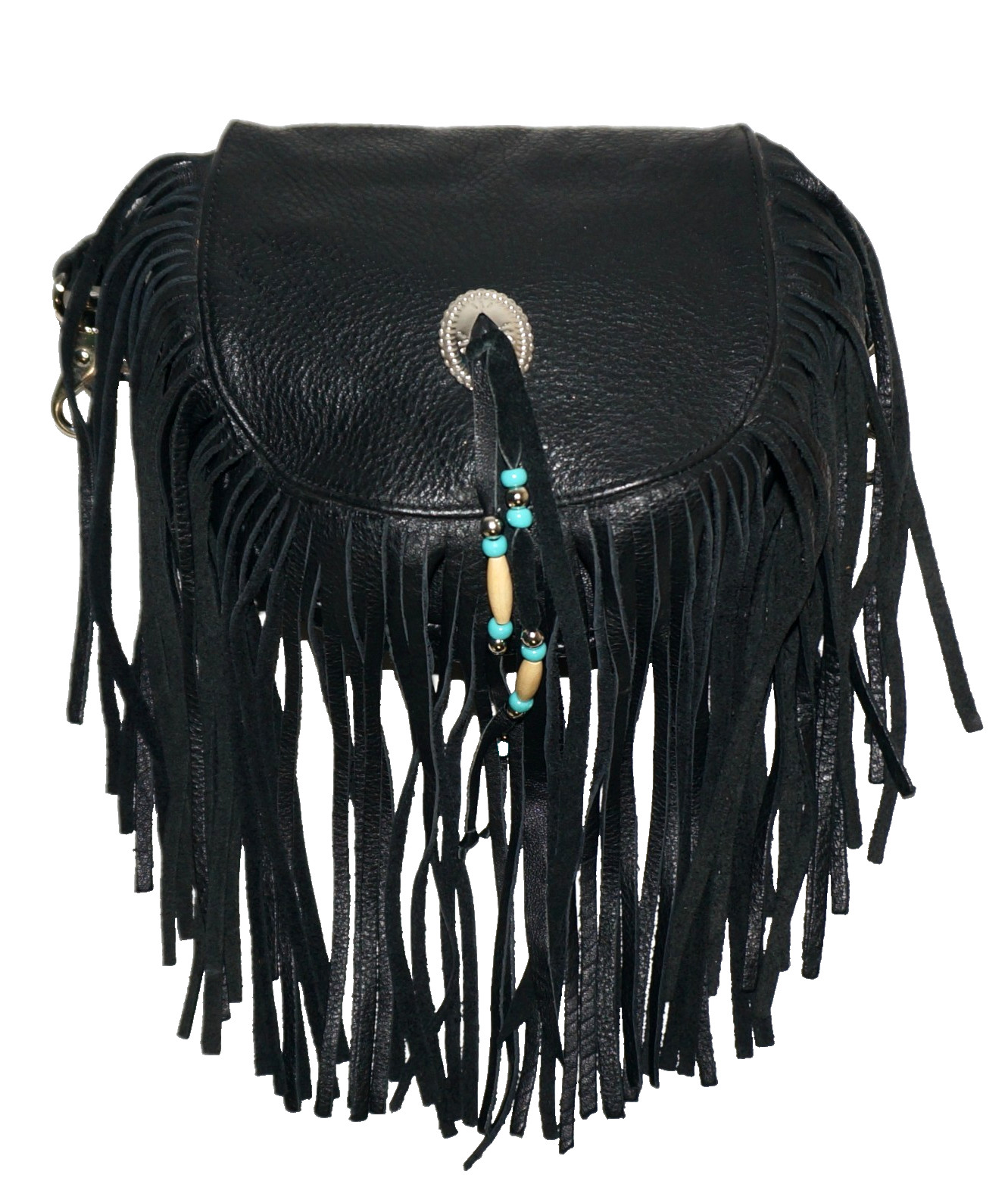 Vintage ARTISAN CRAFTED Small Black Leather Fringed Belt-Loop Pouch 5.5″ x 5.5″