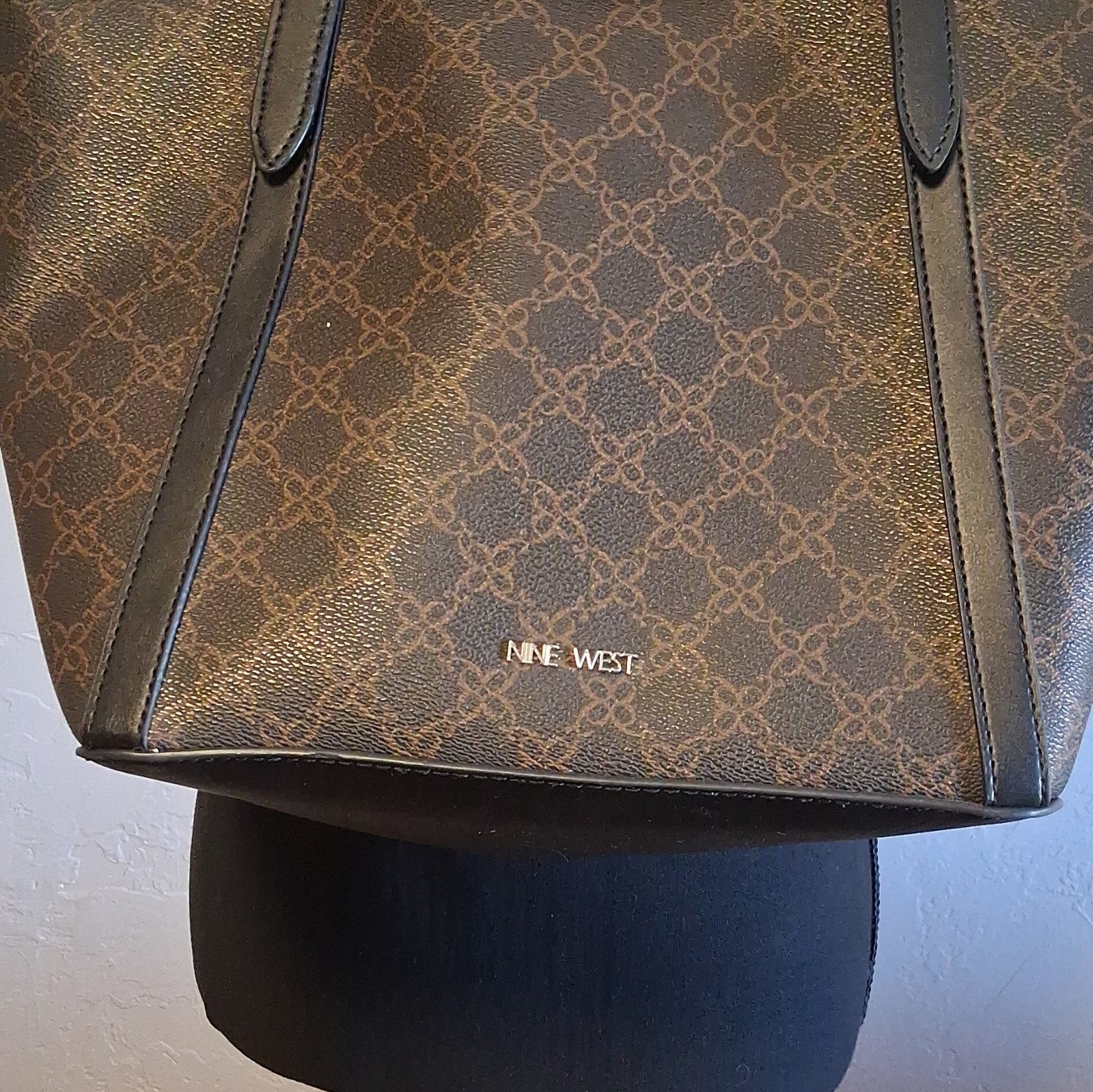 Nine West Women’s Brown Logo Backpack with Black Straps, Stitching Accents