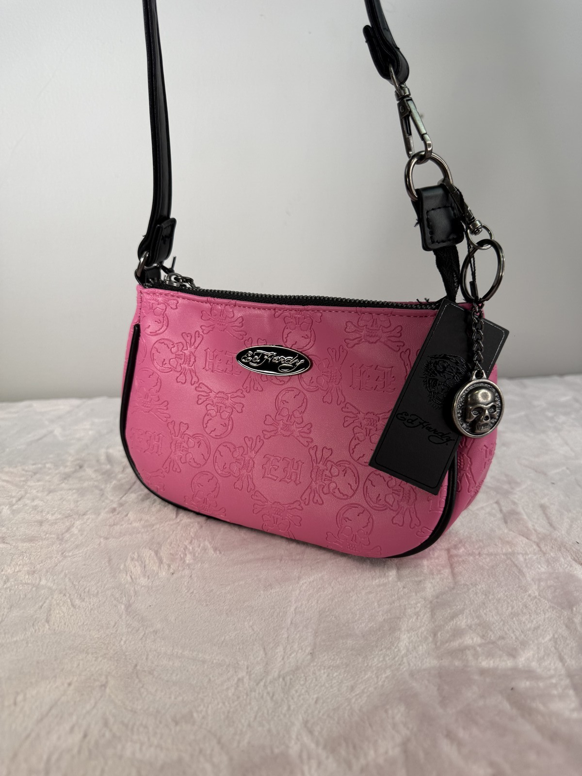 Ed Hardy Pink Embossed Skull Shoulder Bag