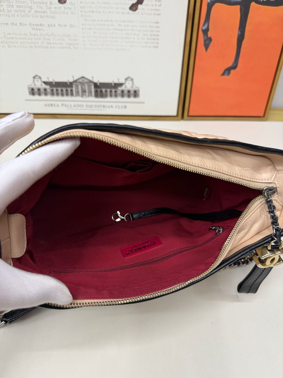 Chanel Gabrielle Medium Beige Black Calfskin Mixed Hardware Hobo Crossbody Bag