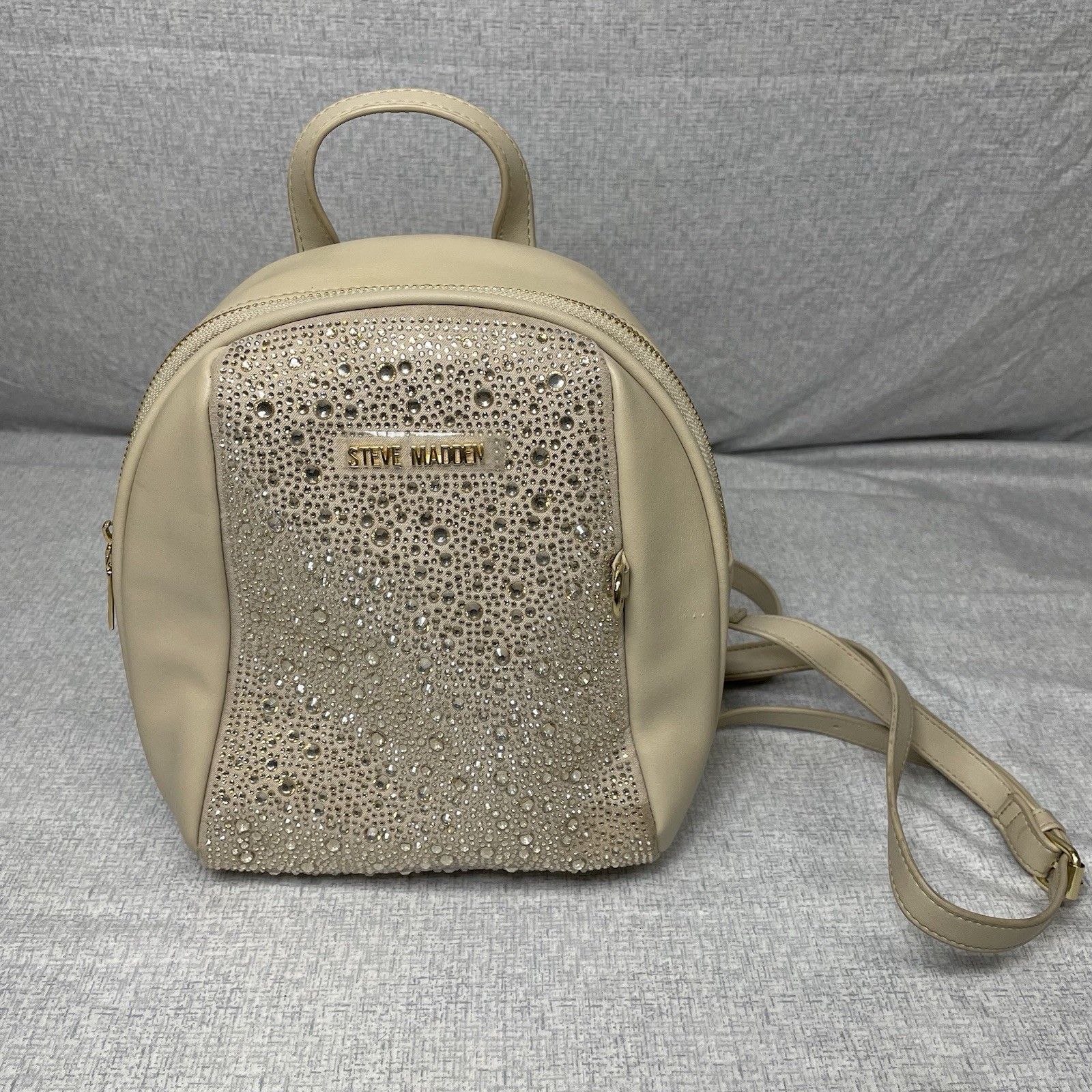 Steve Madden Bgemma Backpack Purse Beige Bejeweled Rhinestone Chain & Gold Tone