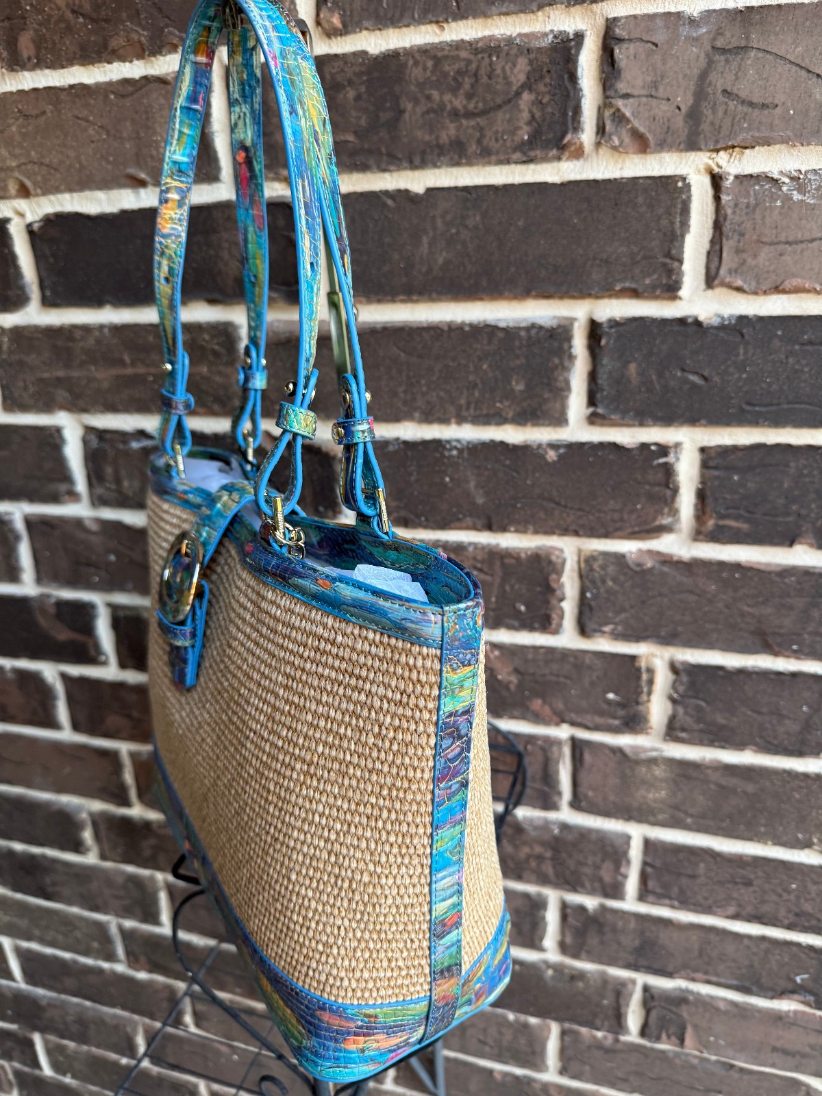 NWT $345 Brahmin Asher Medium Waterlily Abloom Raffia Tote multi blue