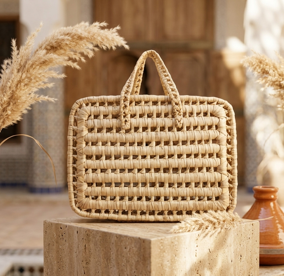 Handmade Moroccan Woven Straw Tote Bag Natural Palm Leaf Beach Basket Purse