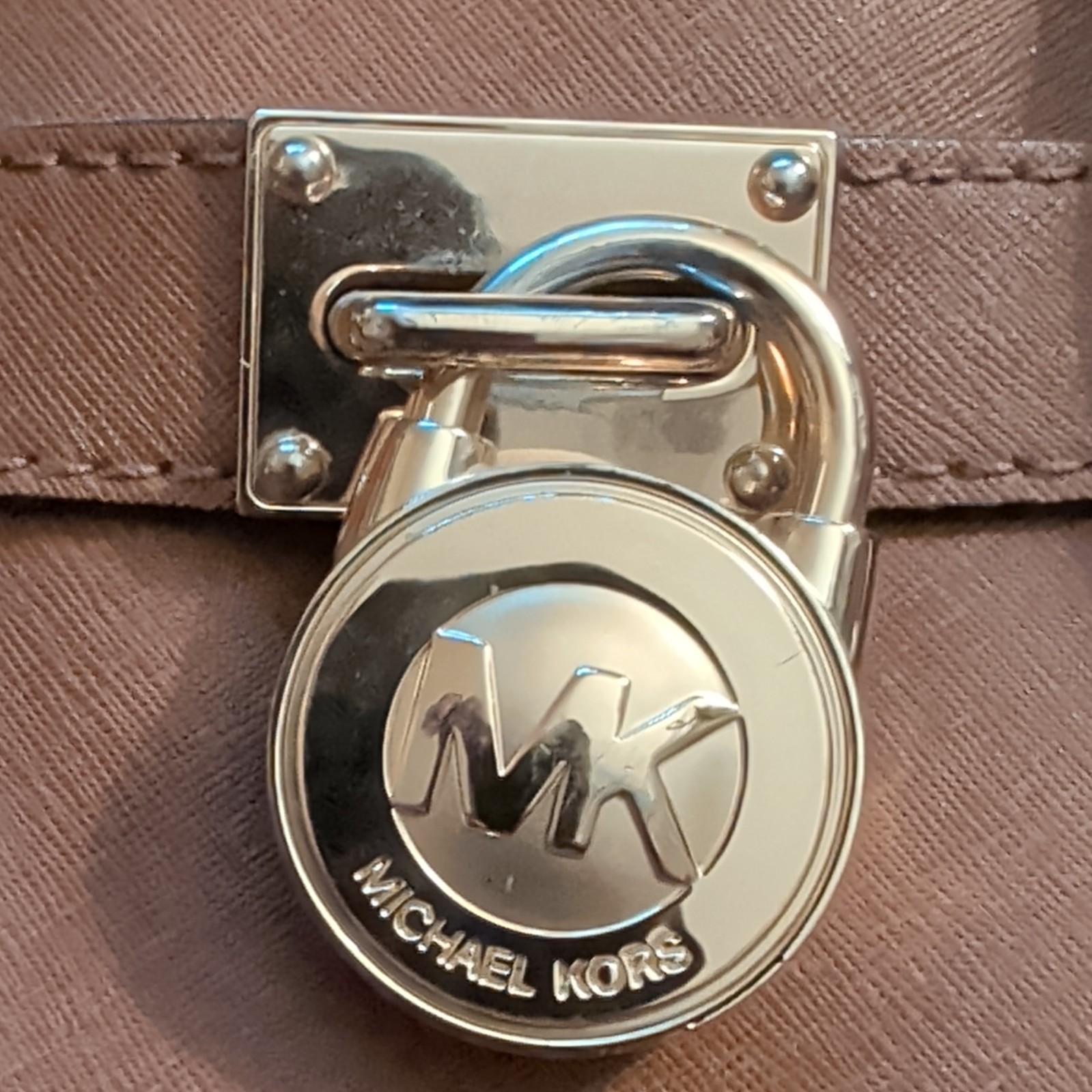 Michael Kors Brown Pebbled Satchel Top Handle Bag Lock Chain Key Holder Gold