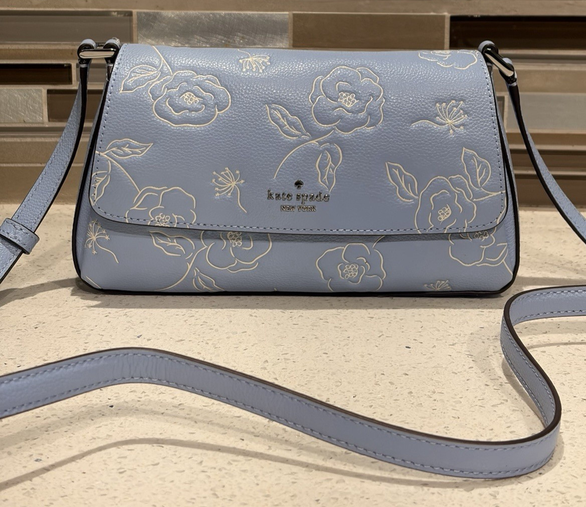 KATE SPADE SUTTON MINI FLAP CROSSBODY BAG SHOULDER BLUE FLORAL EMBOSSED LEATHER