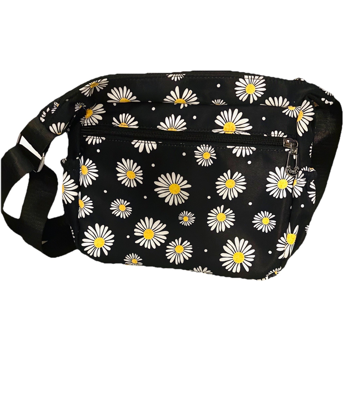 Suoyote Crossbody Bag Multiple Pockets Fabric Purse Black With Daisy Flowers