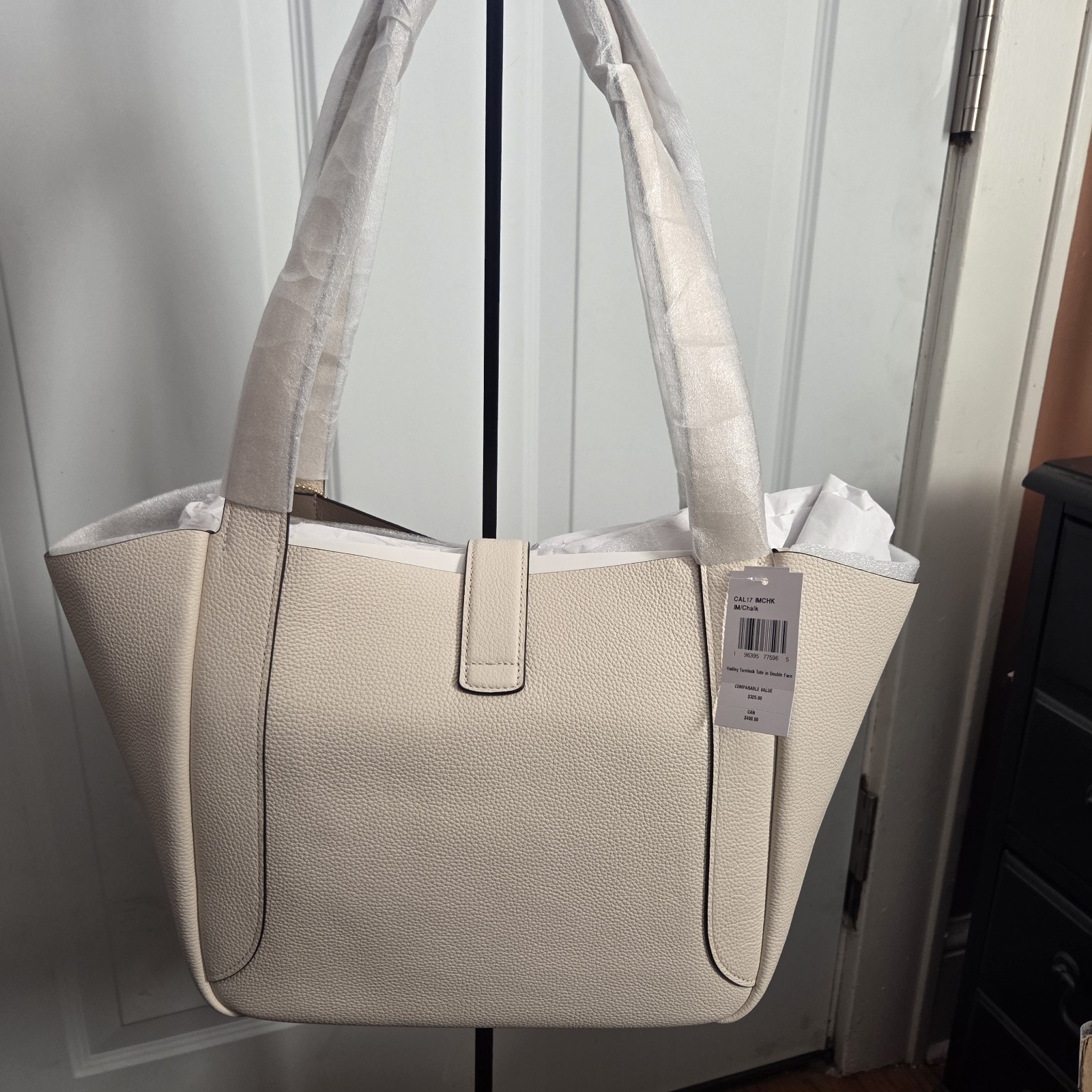 Coach Large Hadley Turnlock Tote, NWT, Chalk Pebbled Leather, 2025 CAL17 Gold HW
