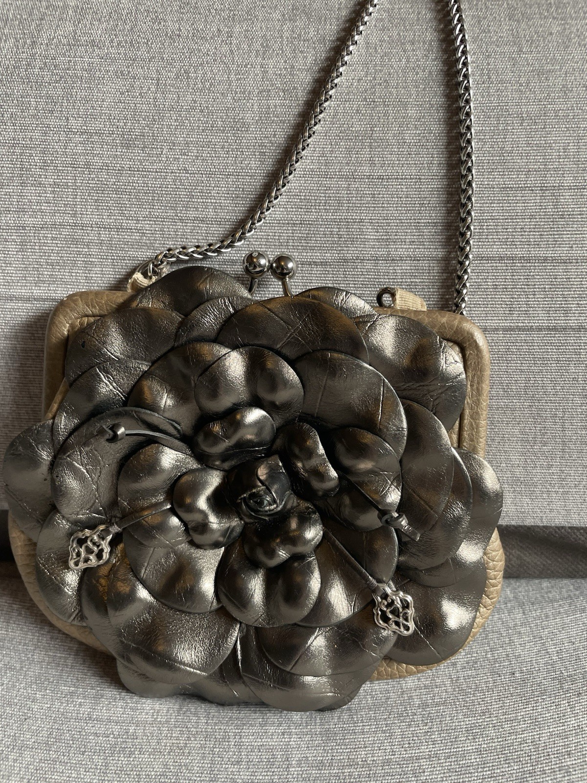 Brighton “Roselie”Metallic Pewter Leather Flower-small Purse-5”x6”-23”Strap