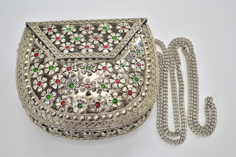 HANDMADE FLOWER GEM STONE BEADS BRASS METAL PURSE