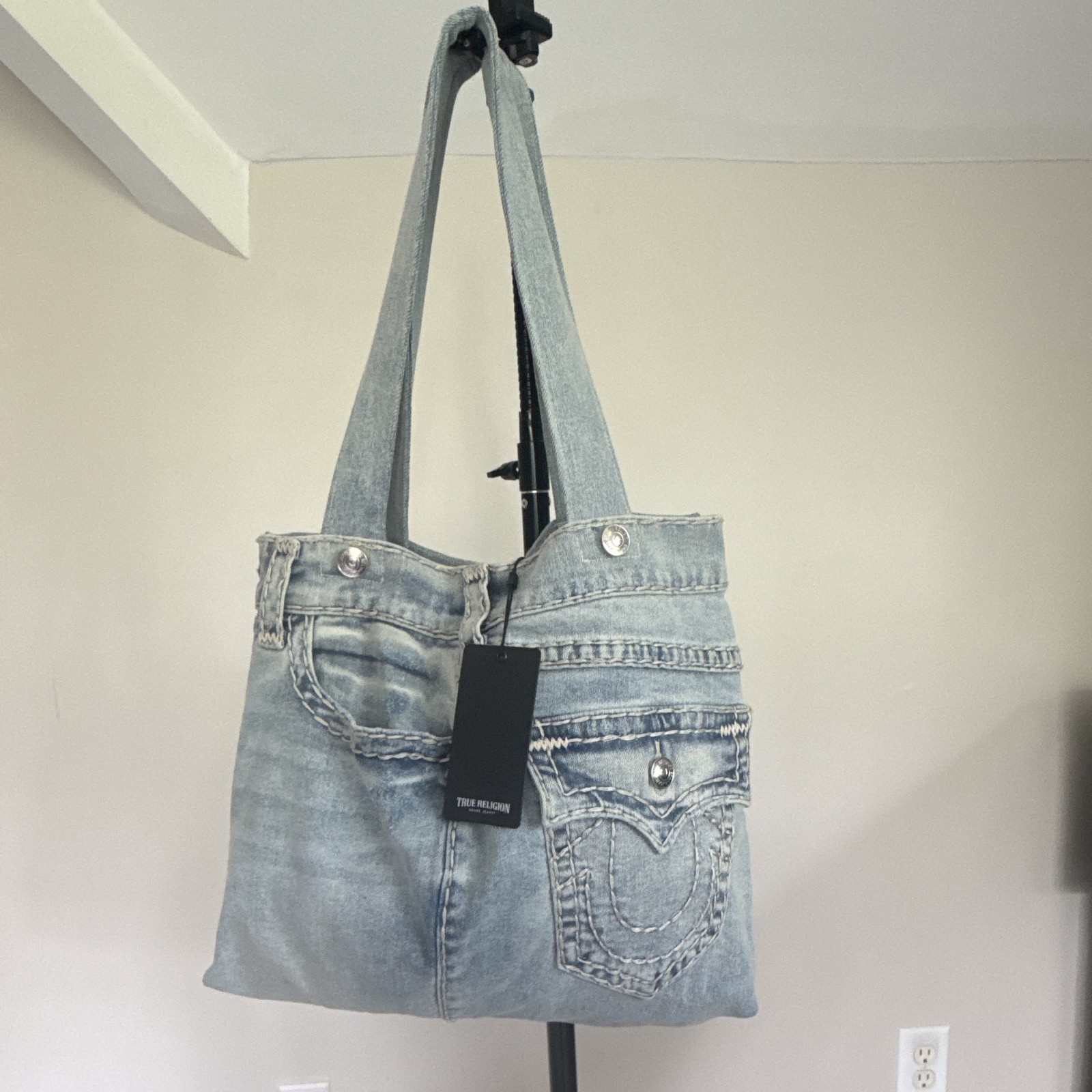 True Religion Women’s Blue Tote Bag w/ Pockets, Open Top, Double Handles