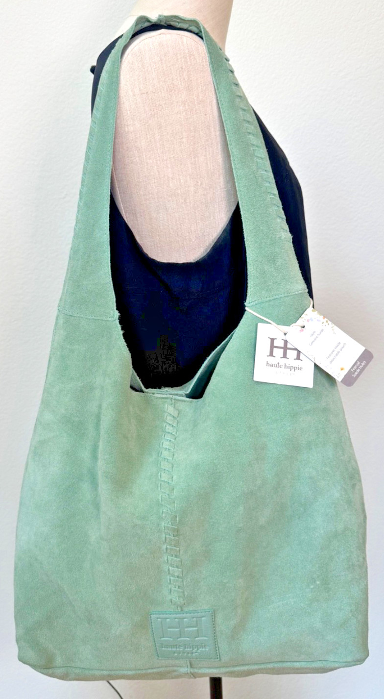 Haute Hippie Style Festival Suede Hobo Bag Green Braided Details Interior Pouch