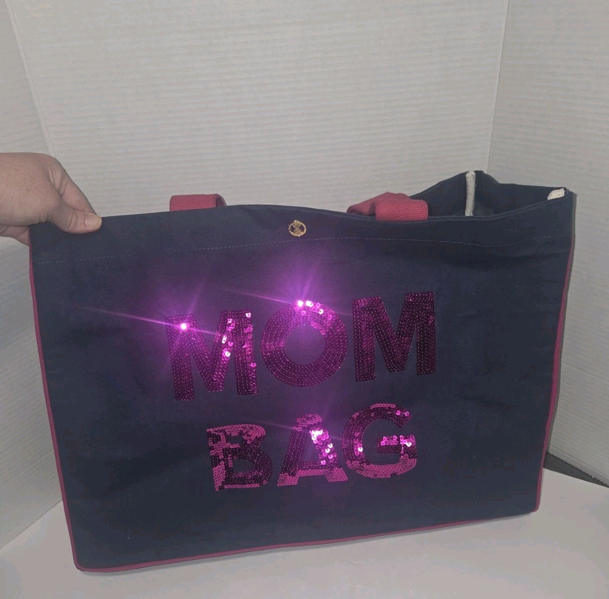 Simply Southern MOM BAG Navy Pink Sequin Tote Button Closure Inner Pockets