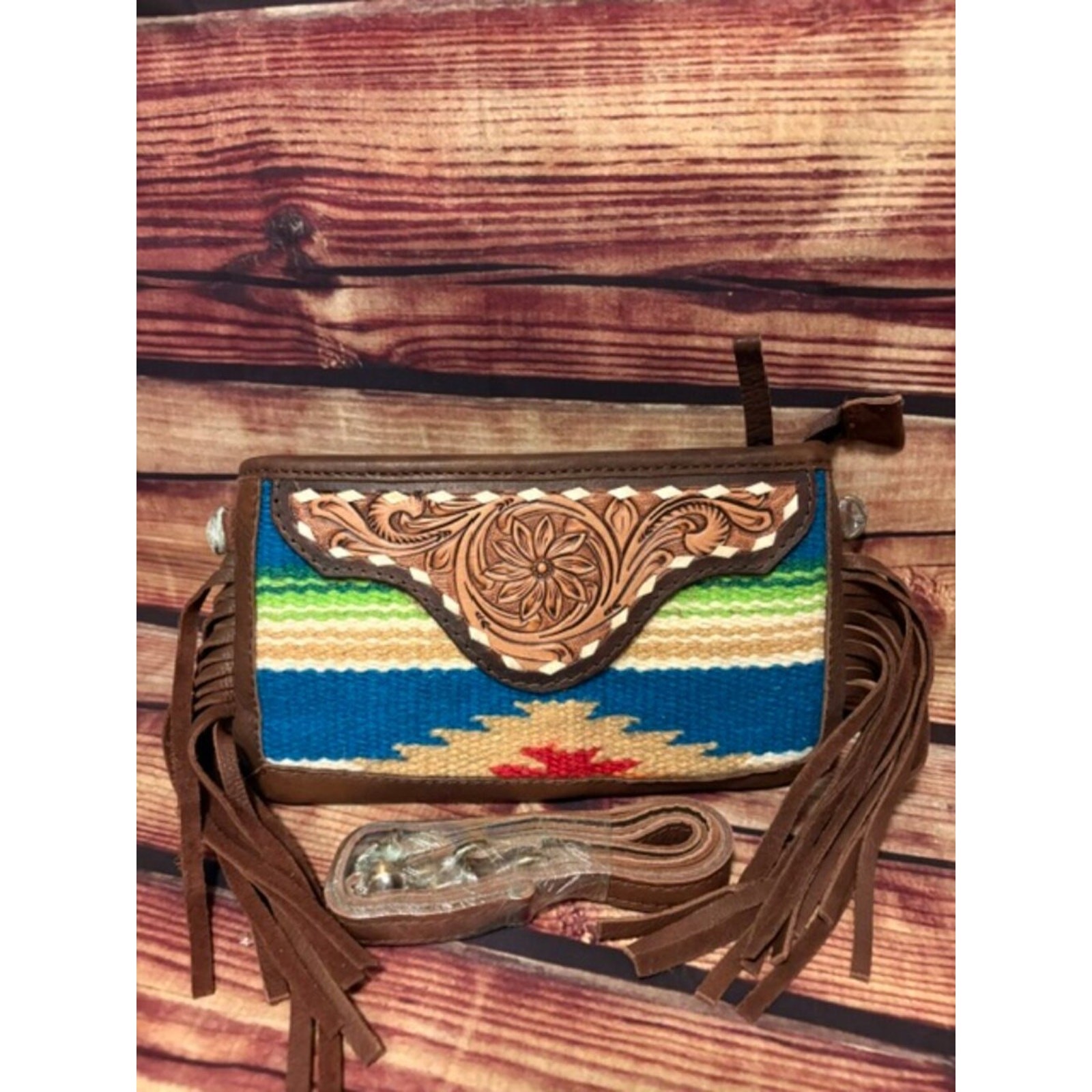 American Darling Tooled Leather Fringe Crossbody Saddle Blanket Bag NWT