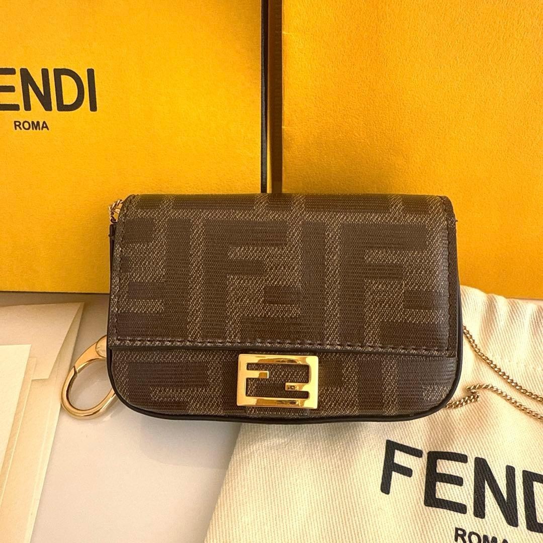 FENDI Brown FF Monogram Pouch Chain Coin Purse Nano Baguette Bag Charm Dust Bag