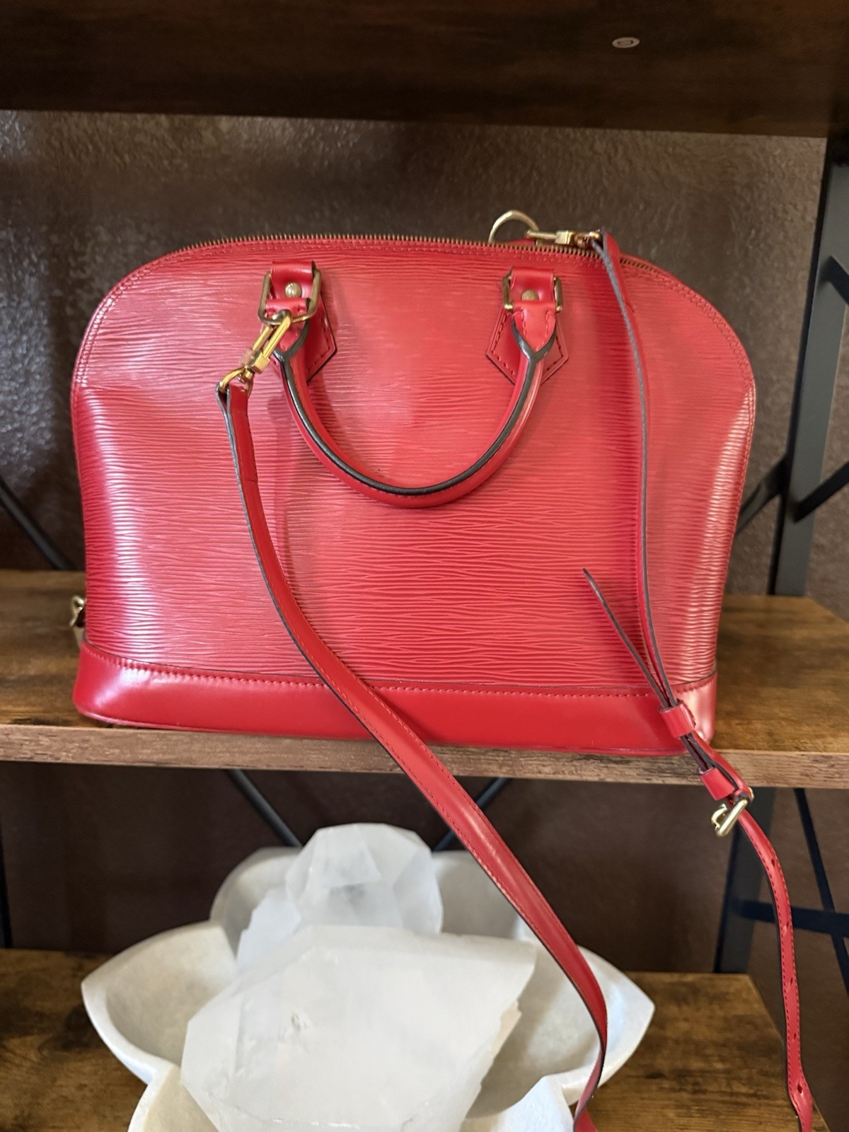 Louis Vuitton Alma Red Epi Satchel Top Handle Bag w/ Gold Hardware & Strap