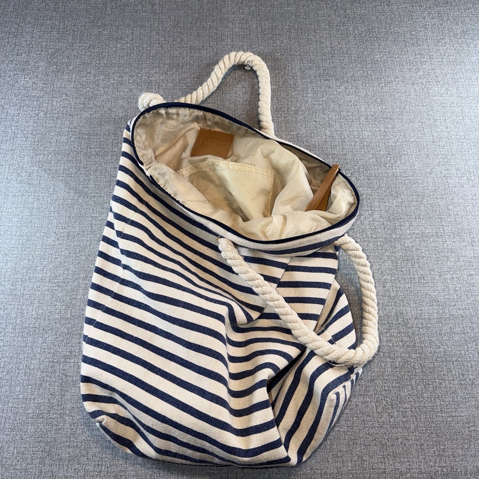 Summer & Rose Navy Striped Canvas Tote Bag Rope Handle Nautical Beach Bag