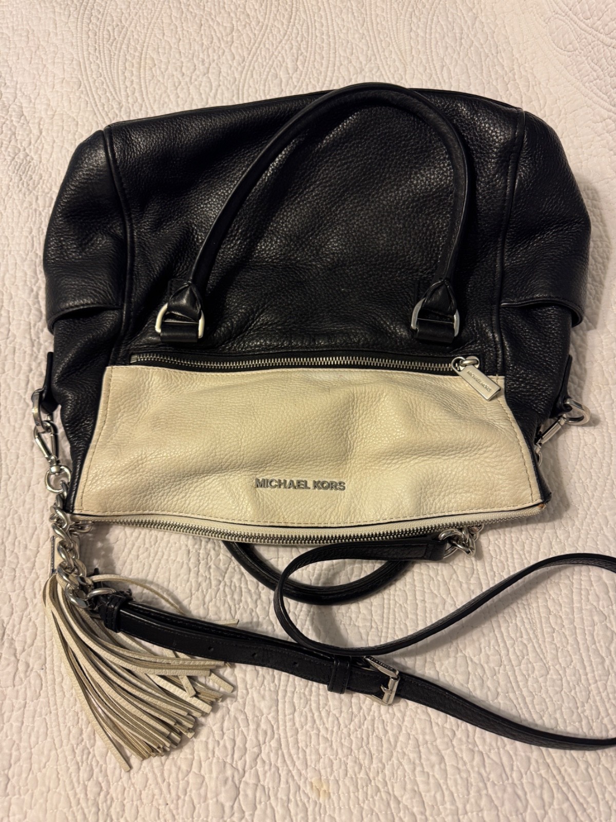 Michael Kors Weston~Black/White Pebbled Leather~Foldover Top Satchel~Chain Strap