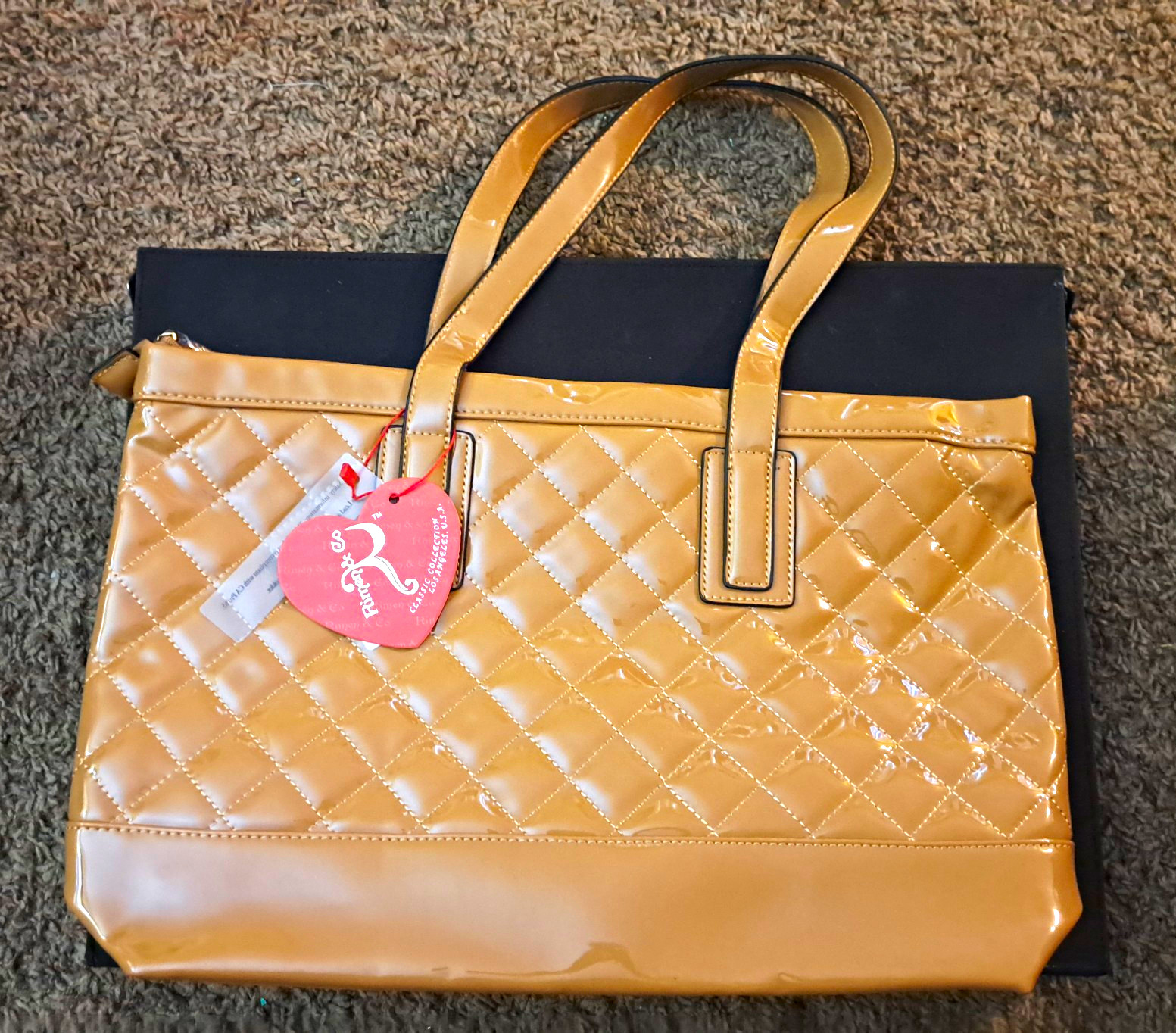 Rimen & Co Beige Quilted Tote Bag Large Zip Top Purple Lined w/ Strap