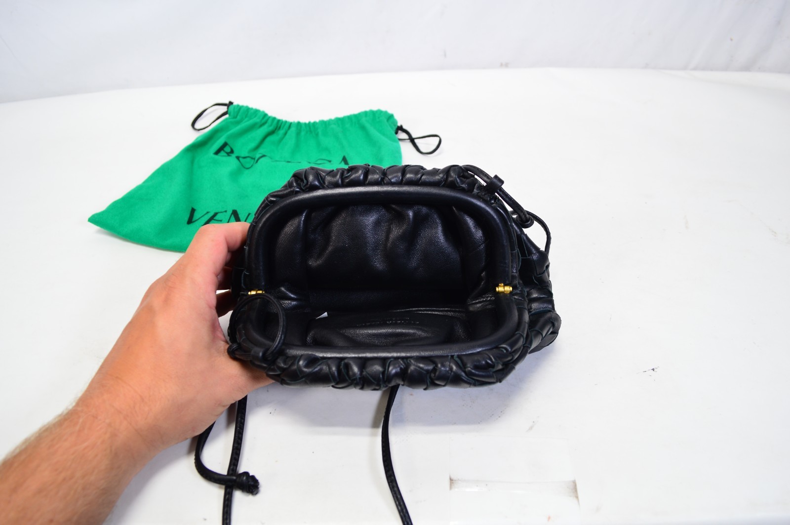 Authentic Bottega Veneta Mini Intrecciato Leather Pouch Clutch Black w/ Repair
