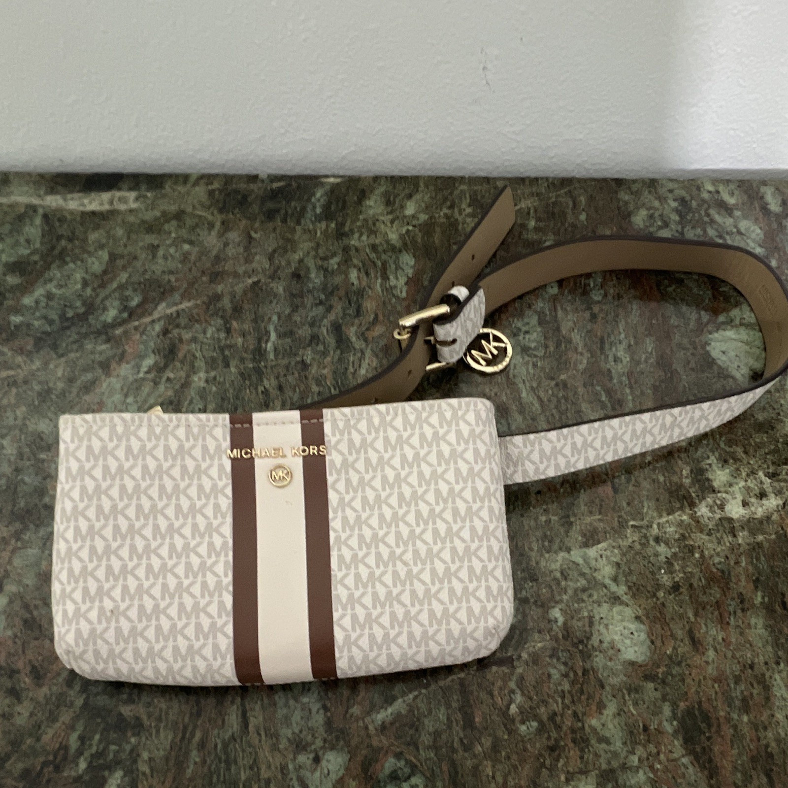 Michael Kors Logo Stripe Crossbody Bag Gold-Tone Hardware Brand Charm Women’s