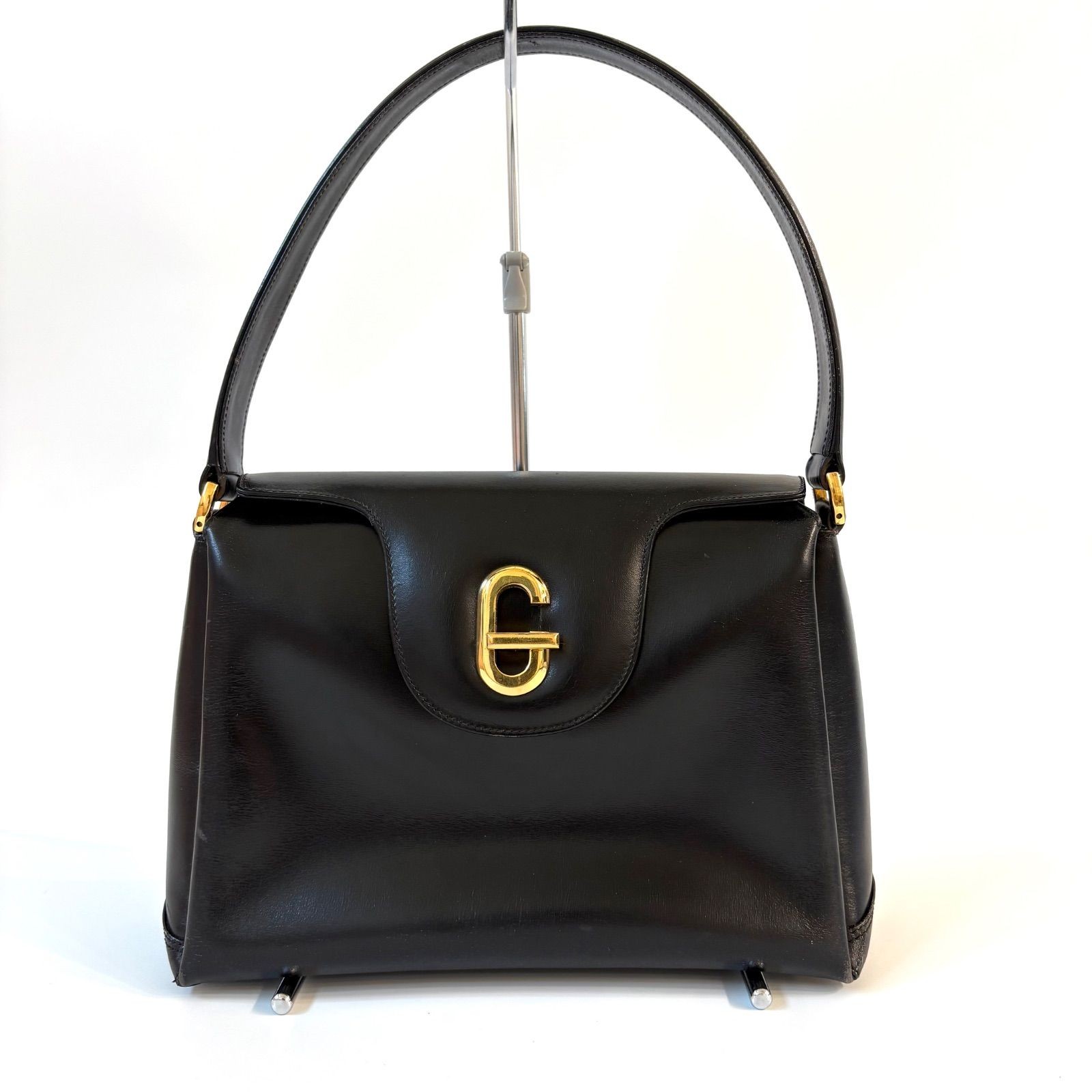 GUCCI Vintage Handbag Shoulder Bag Black Leather Gold Hardware Old Model Japan