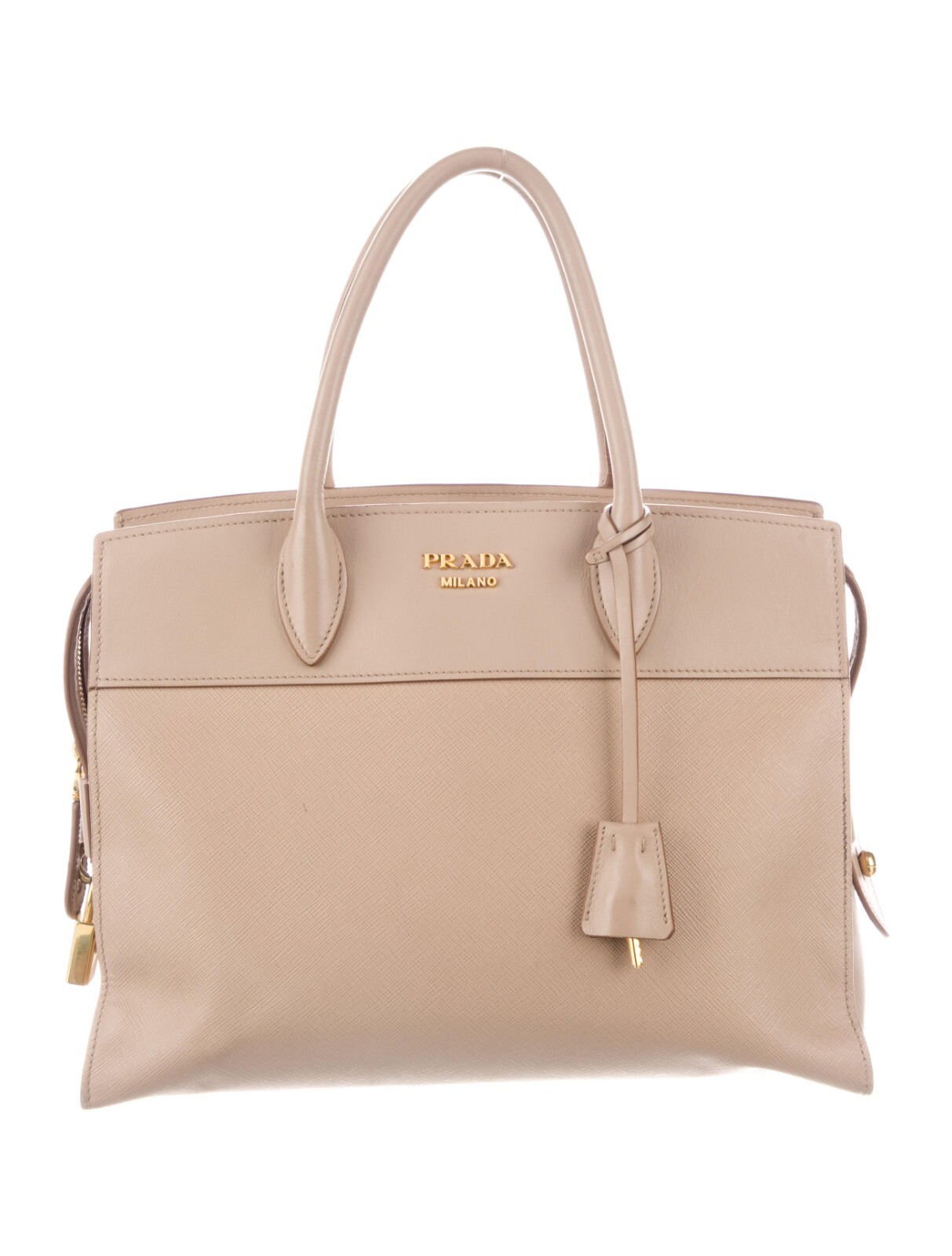 PRADA Authentic Saffiano Leather & City Calf Esplanade Beige Handbag Purse Tote