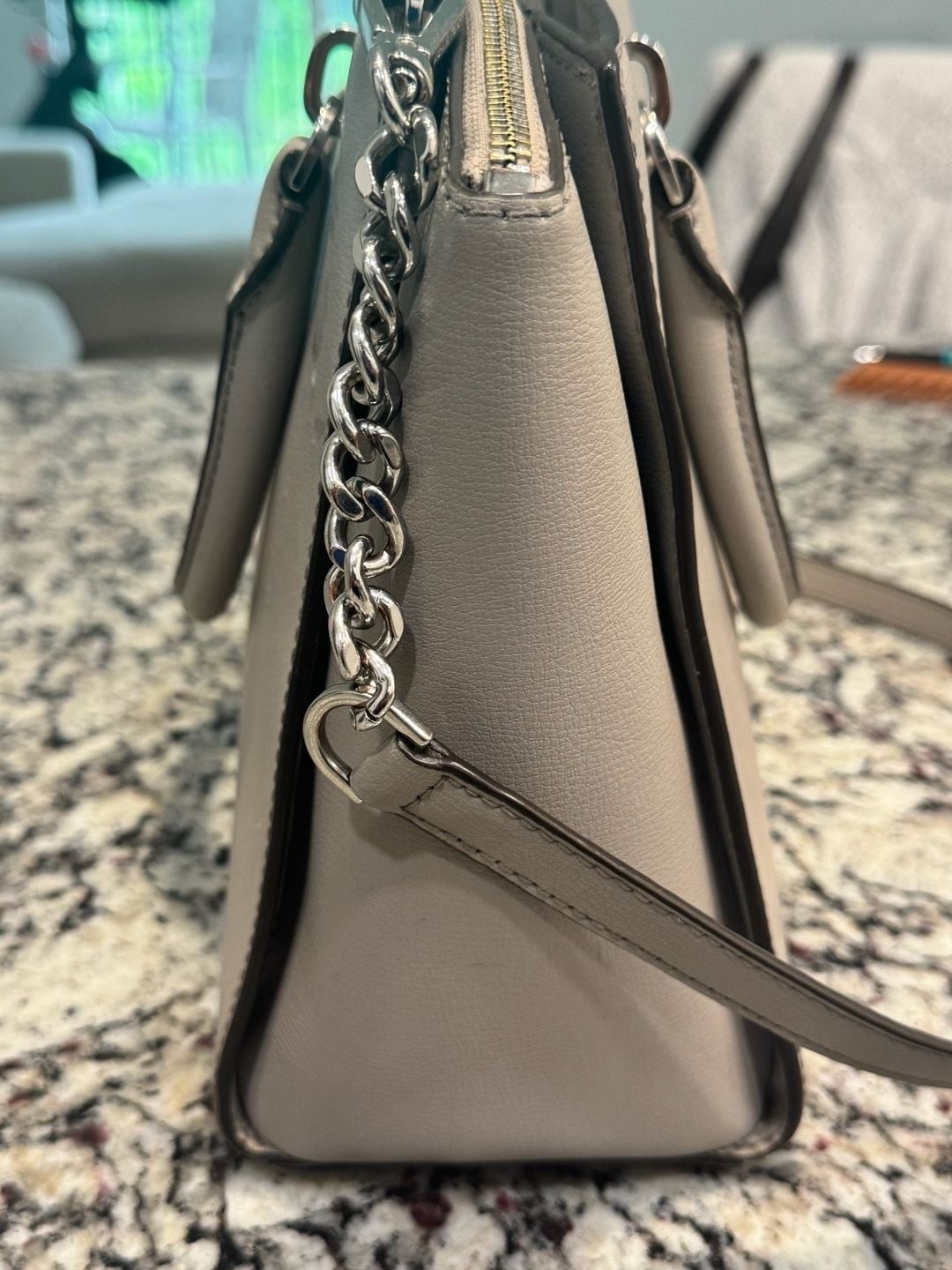 Michael Kors Large Leather Satchel Crossbody Bag Light Gray Silver Hardware
