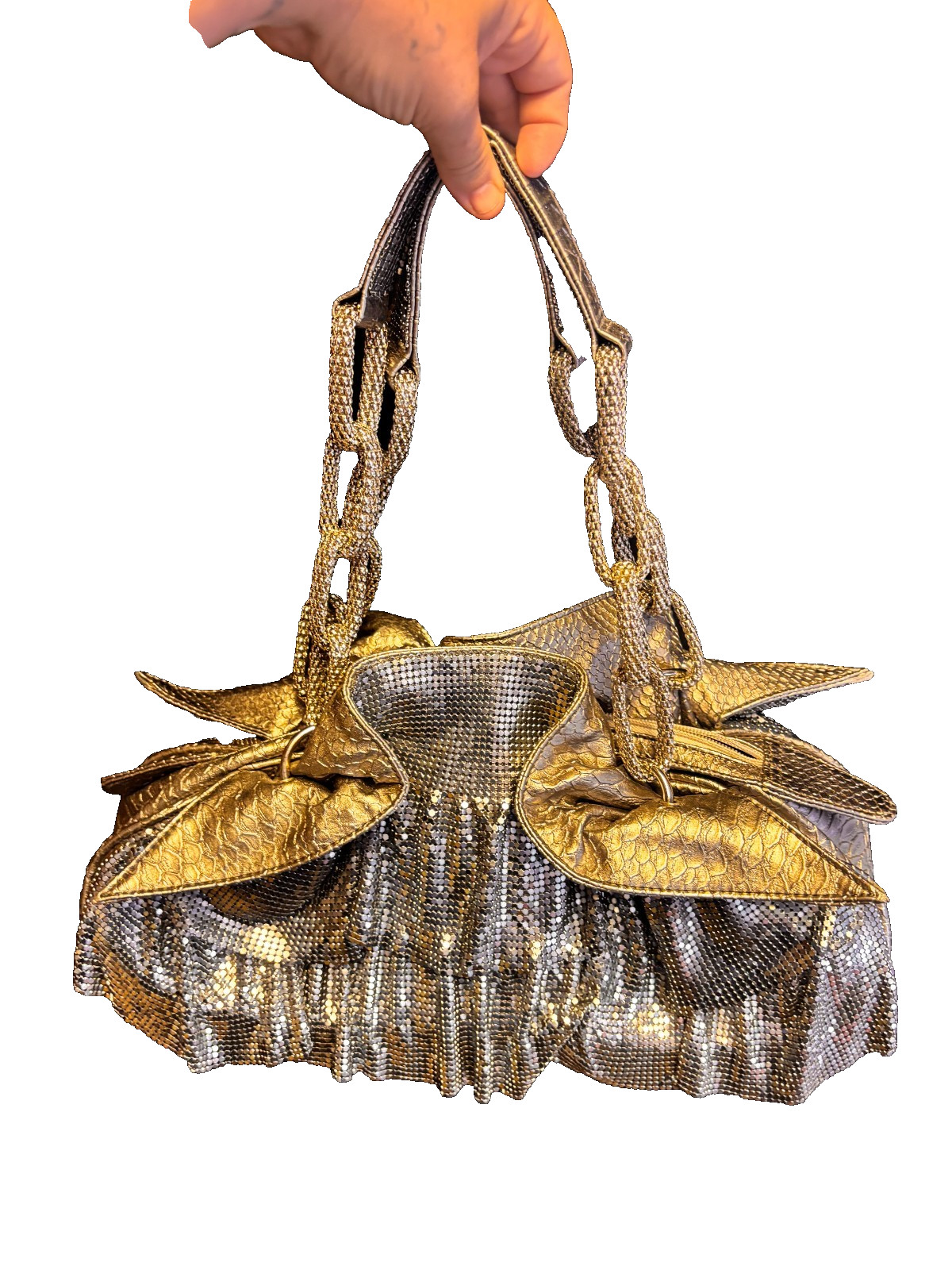 Y2K Gold & Gunmetal Mesh Bow Handbag Metallic Snake Print Purse Evening Bag