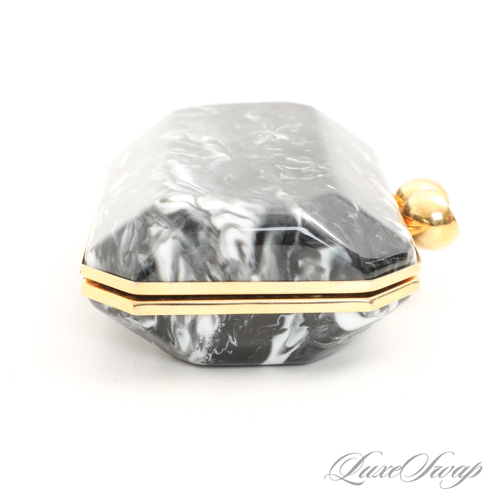 Stella Mccartney Made in Italy Black Marbled Hardside Gold Kisslock Clutch Bag