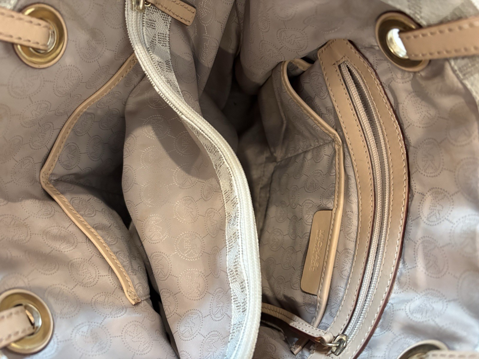 Michael Kors Signature Monogram Large Tote Beige/White Tan Straps Gold Charm