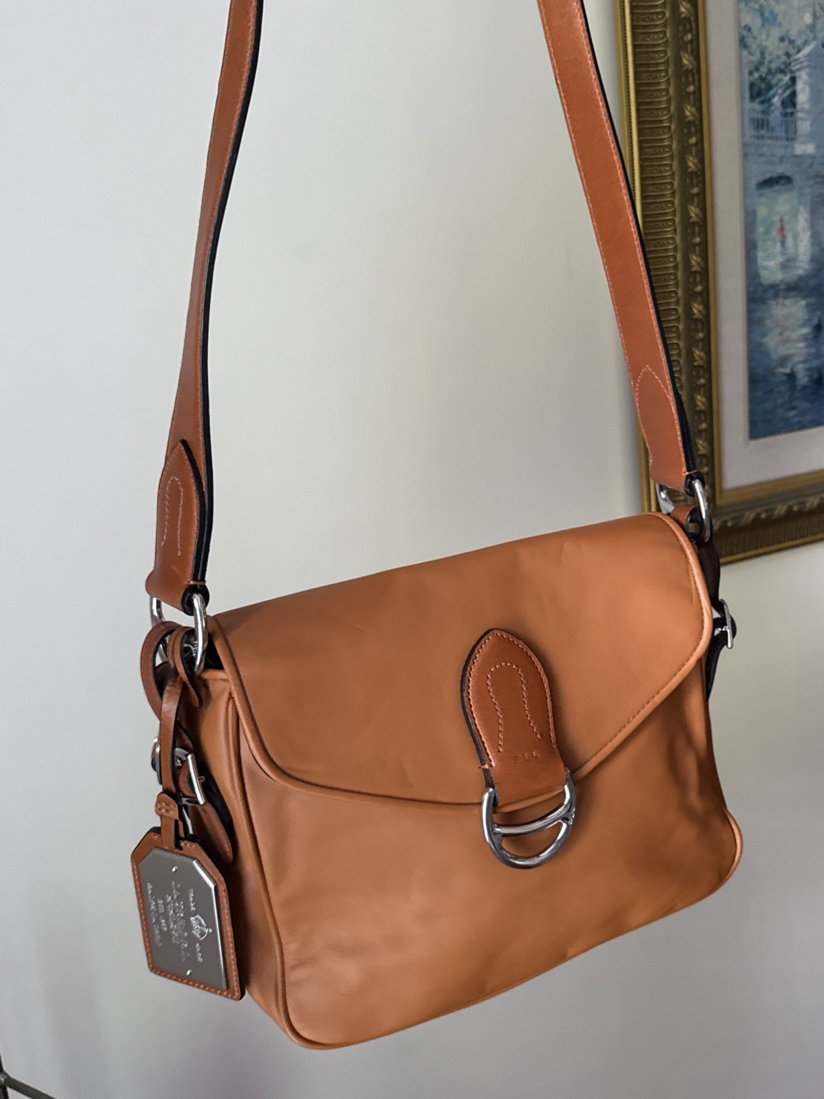 Ralph Lauren Horsebit Leather Shoulder Crossbody Purse Tan Silver Equestrian RLL